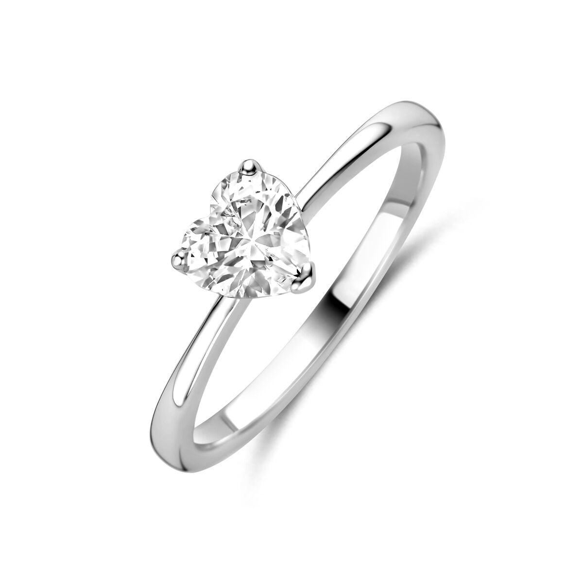 Zilveren ring met hartvormige zirkonia, gerhodineerd damesdesign met een glanzende afwerking.