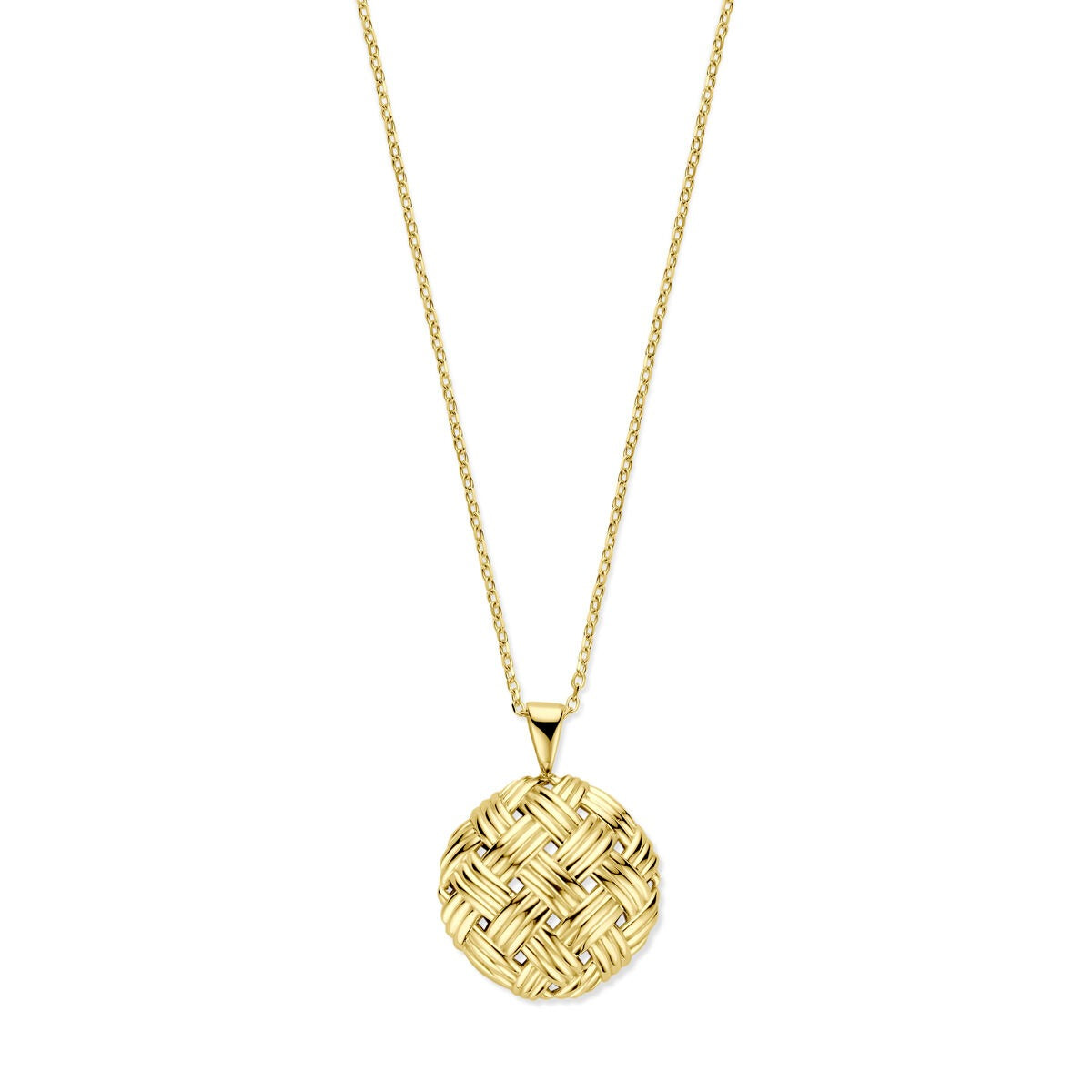Geelgouden damesketting met een ronde, geweven hanger en een karabijnsluiting, lengte 42-44 cm.