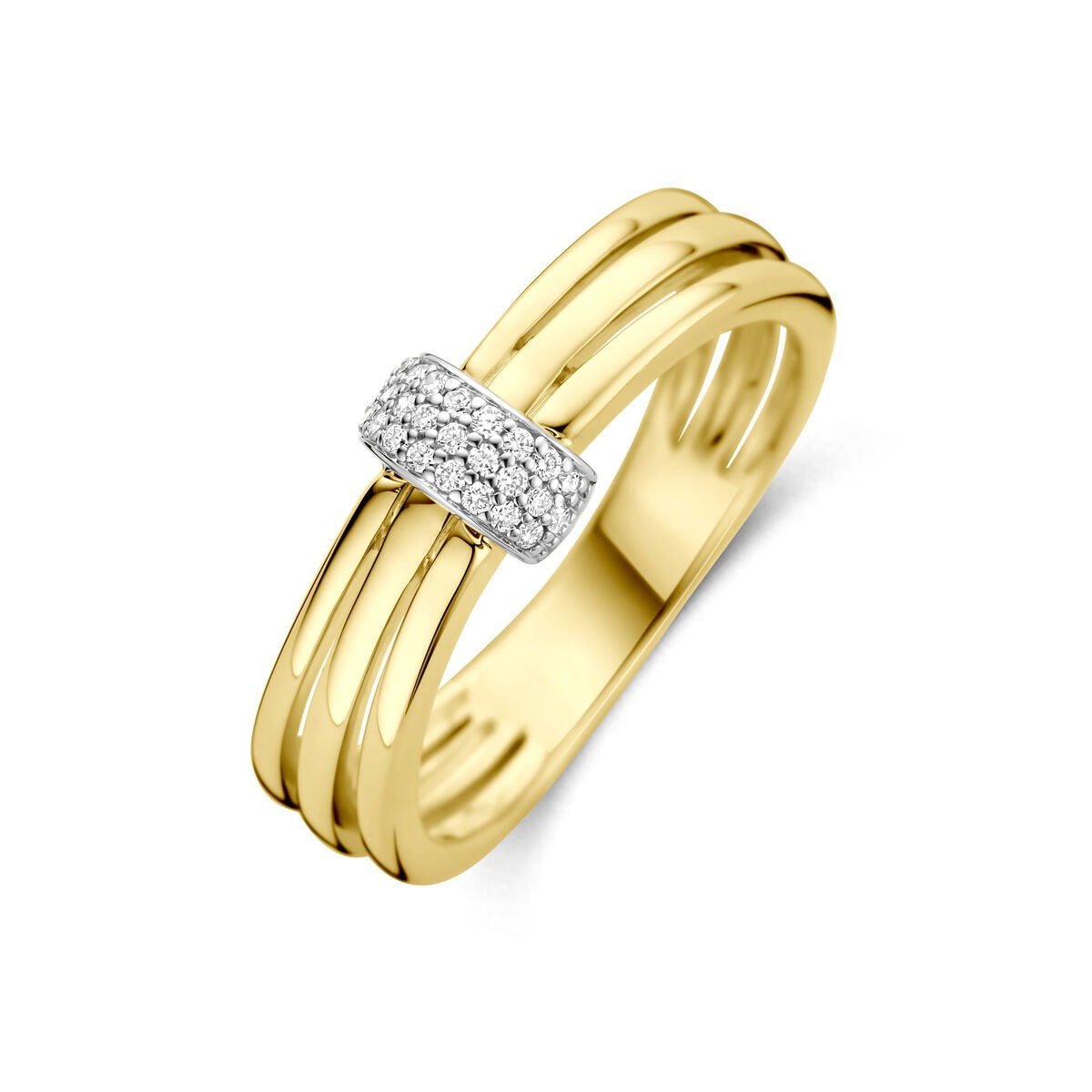Bicolor pierścionek – 14k żółte i białe złoto z diamentem, szerokość 7 mm.