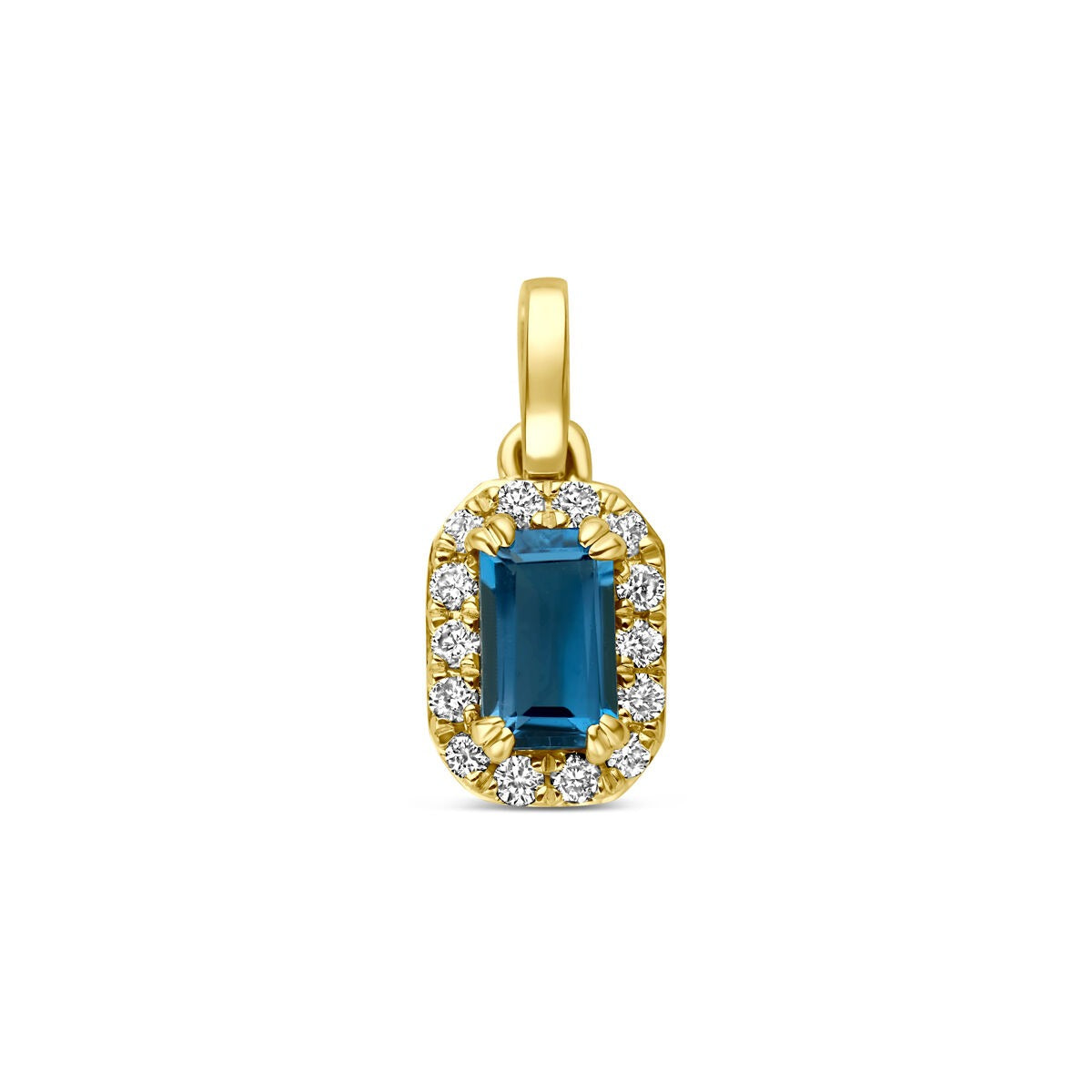 Złoty wisiorek z London blue topazem i lab-grown diamentami, o prostokątnej formie.