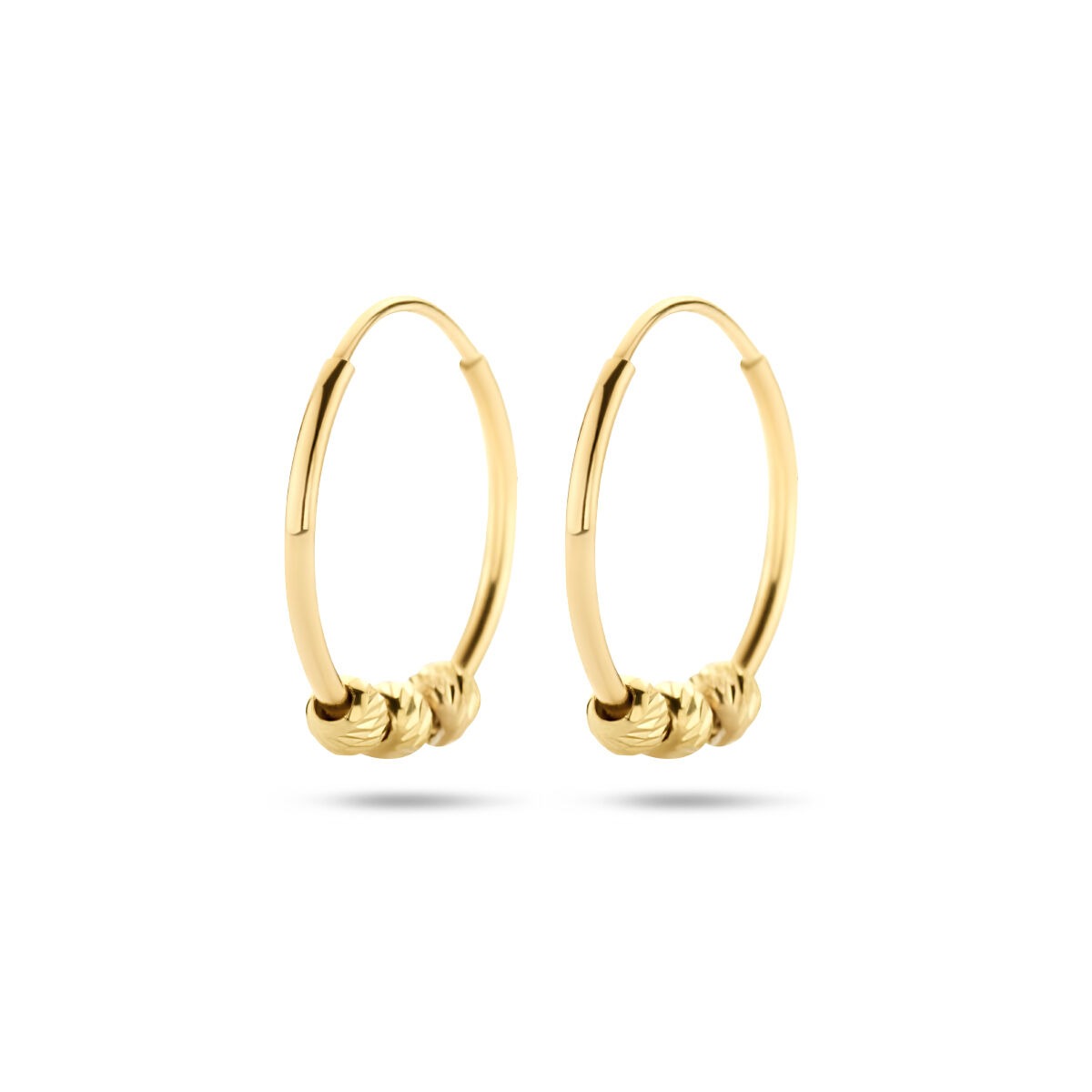 Złote kolczyki koła z kulkami, 14k, o średnicy 11 mm.