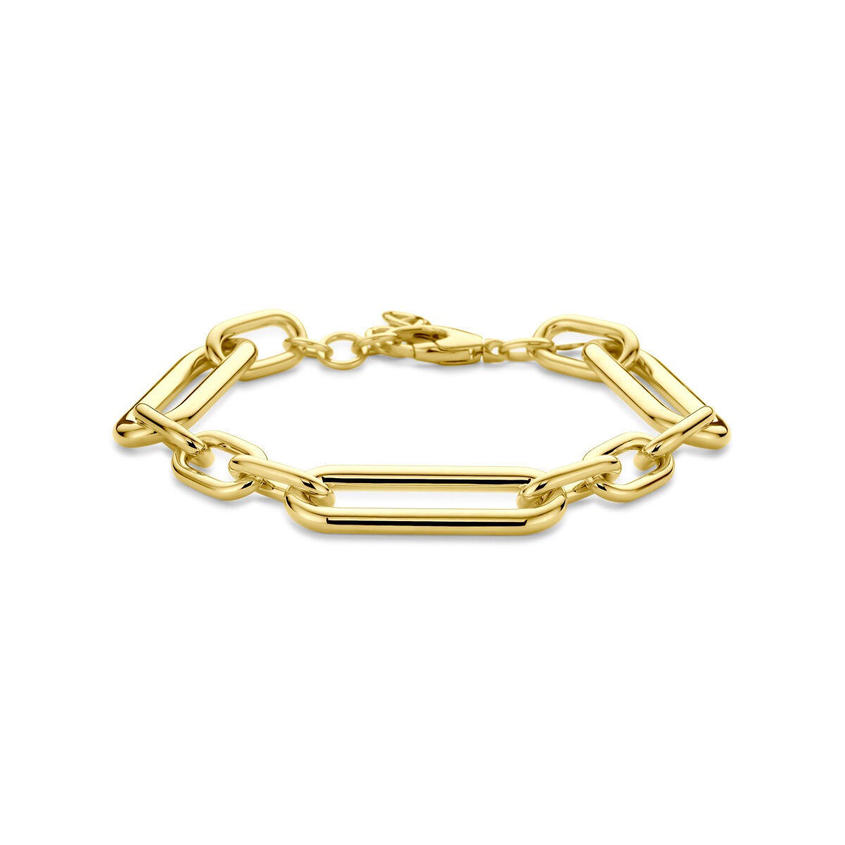 Bransoletka z 14-karatowego żółtego złota, składająca się z dużych ogniw w kształcie ankerów, o szerokości 11 mm, z regulacją 18 + 2,5 cm.