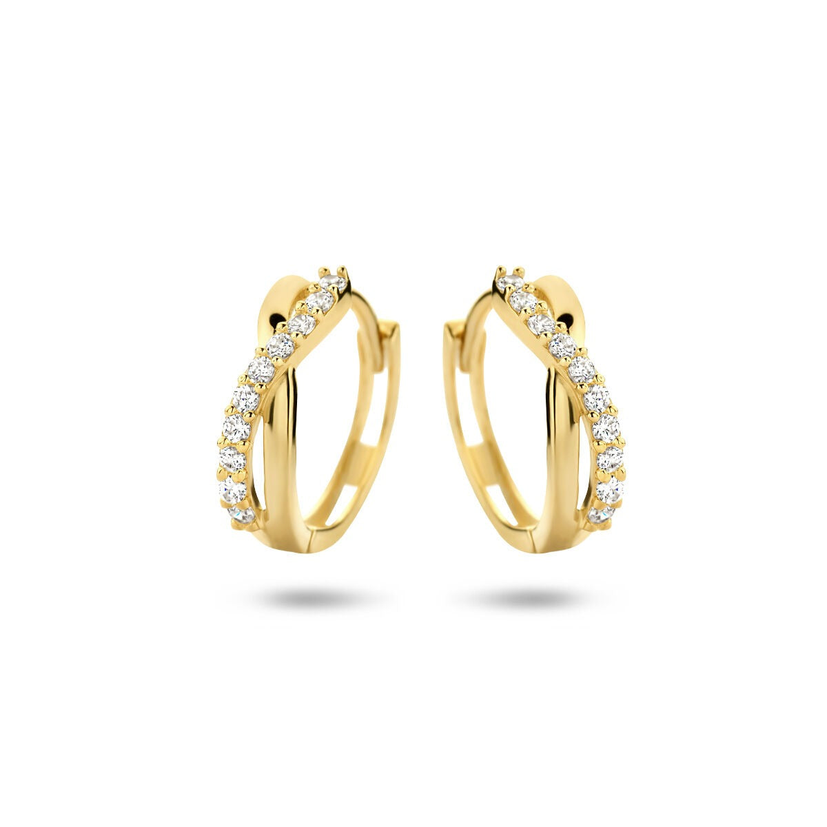 Gele klapoorringen van 9k goudkleurig met zirkonia, afmetingen 12,5 x 3,5 mm.