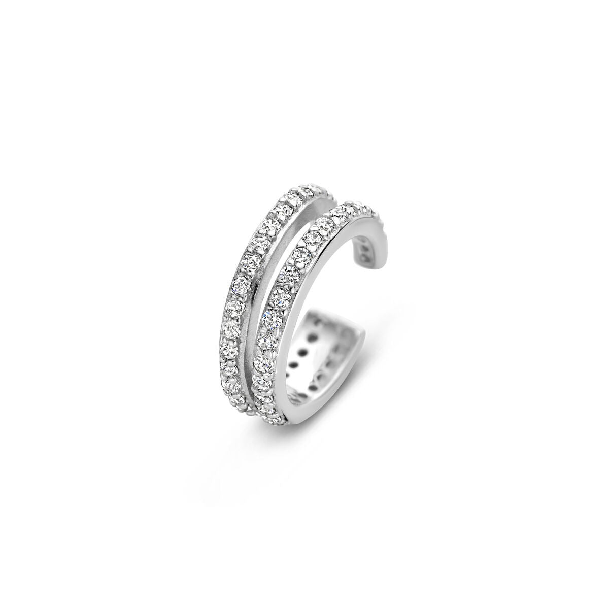 Srebrny ear cuff z cyrkoniami, pokryty rodem, z dwoma równoległymi paskami.