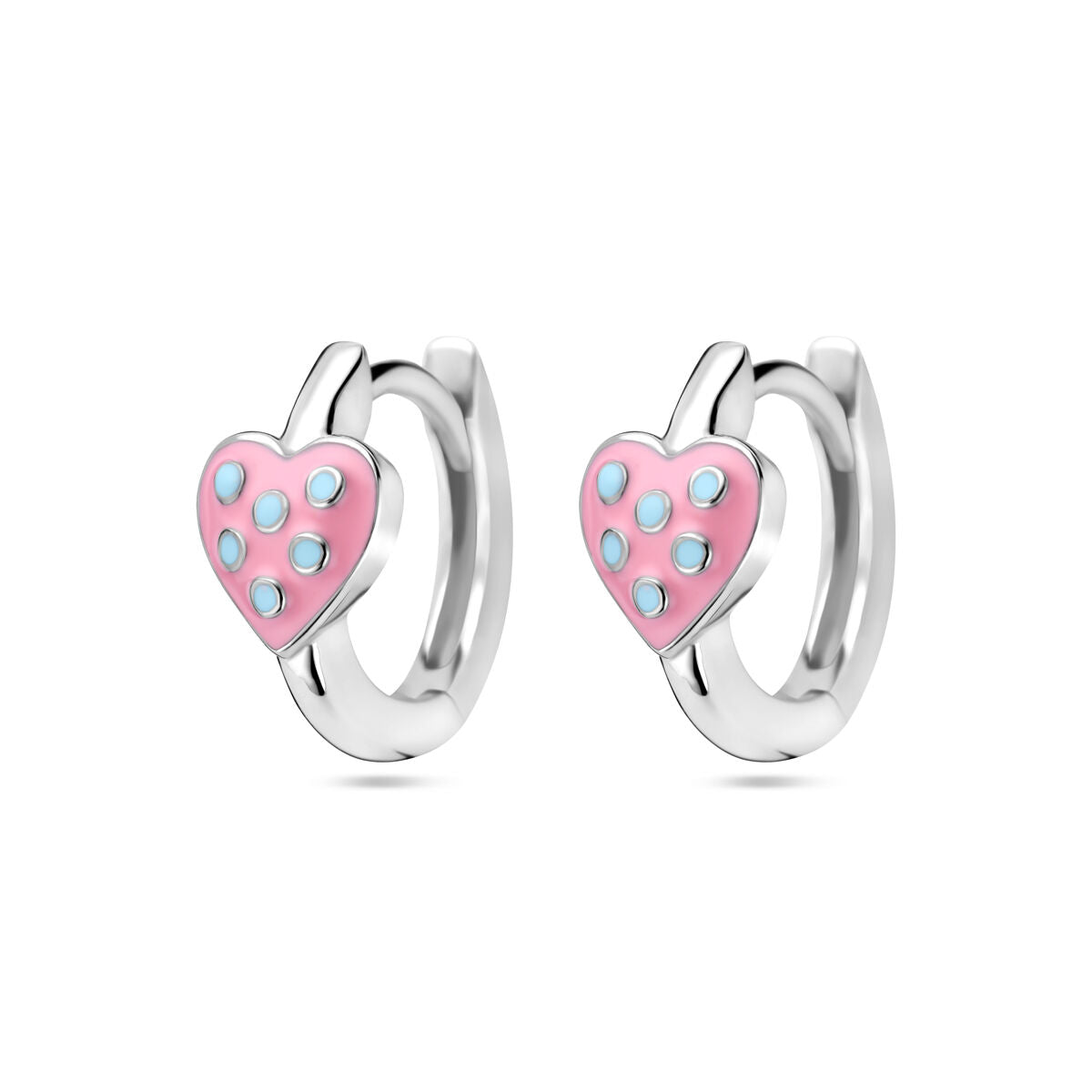 Zilveren klapoorringen met een roze en turquoise emaille hartje en stippen.