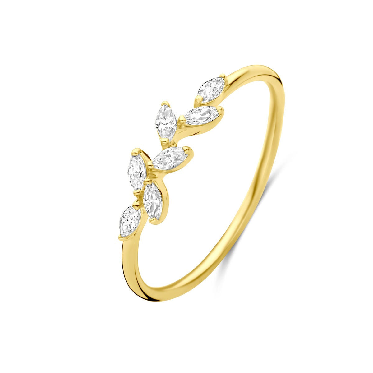 Gouden damesring met ovale zirkonia van 4 mm en bloemvormige details.