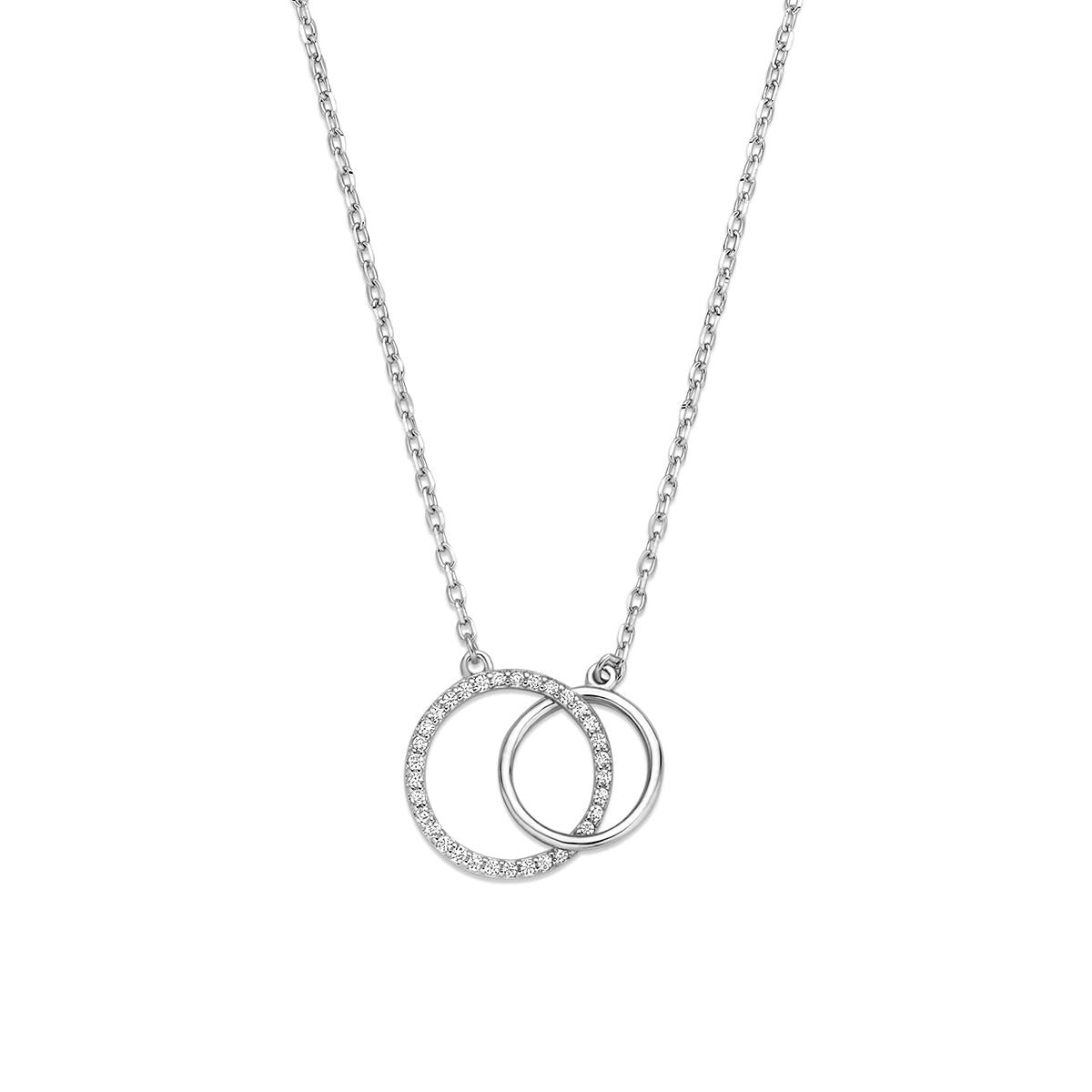 Gerhodineerd 925 zilveren collier met twee ringen, versierd met zirkonia.