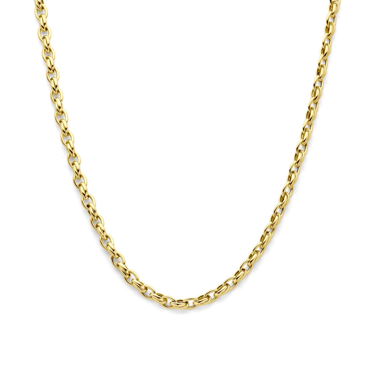 Geelkleurig collier van 9k goud met een fantasie schakel, lengte 45 cm.
