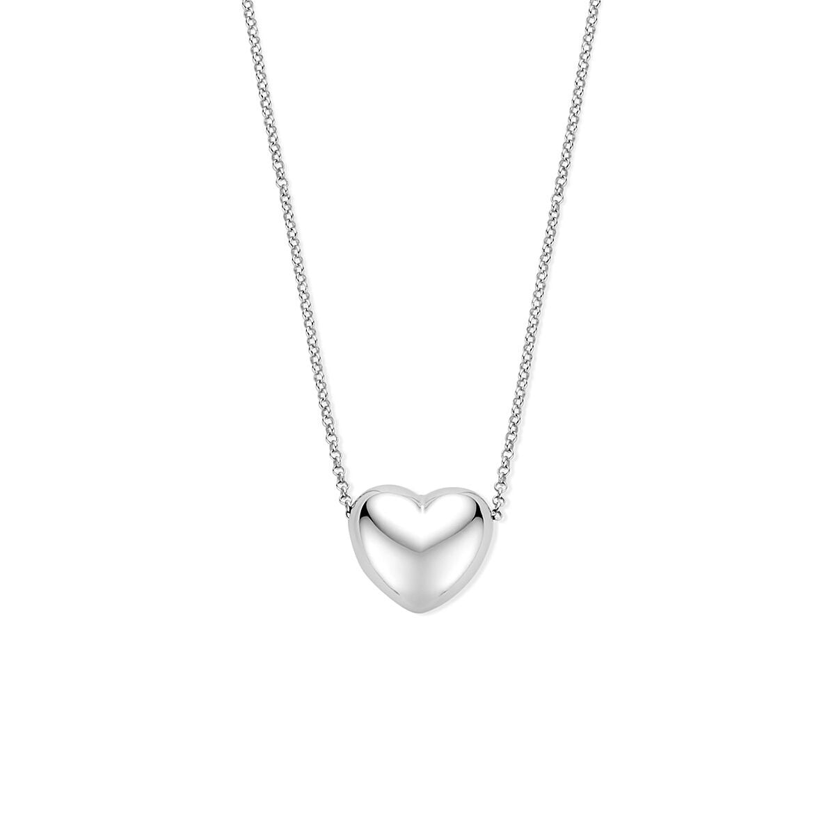 Zilveren ketting van gerhodineerd 925 zilver met een hartje als hanger, lengte 41 + 4 cm.