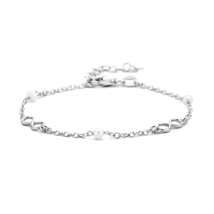 Zilveren vriendschap armband met parels en infinity hanger – gerhodineerd 925 zilver
