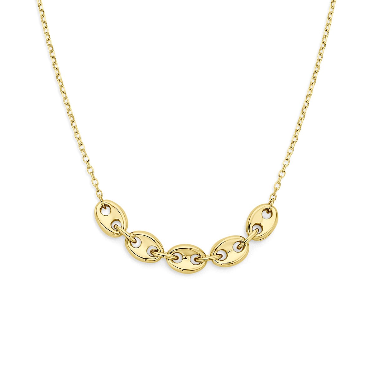 Geelgouden ketting met koffieboonvormige schakels en een fijne schakelketting.
