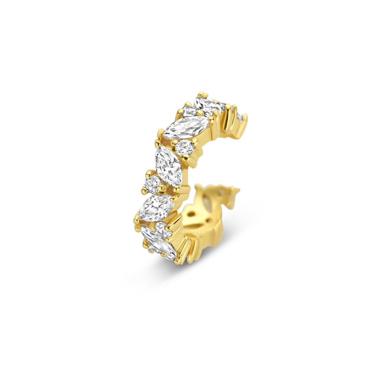 Złoty ear cuff z cyrkoniami w kształcie liści, bez konieczności przekłucia.