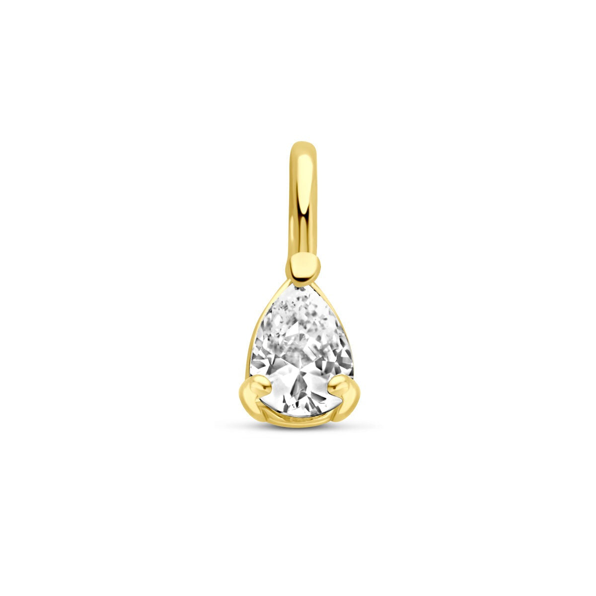 Złoty wisiorek z pear-cut cyrkonią o wymiarach 8,5 x 3,5 mm.