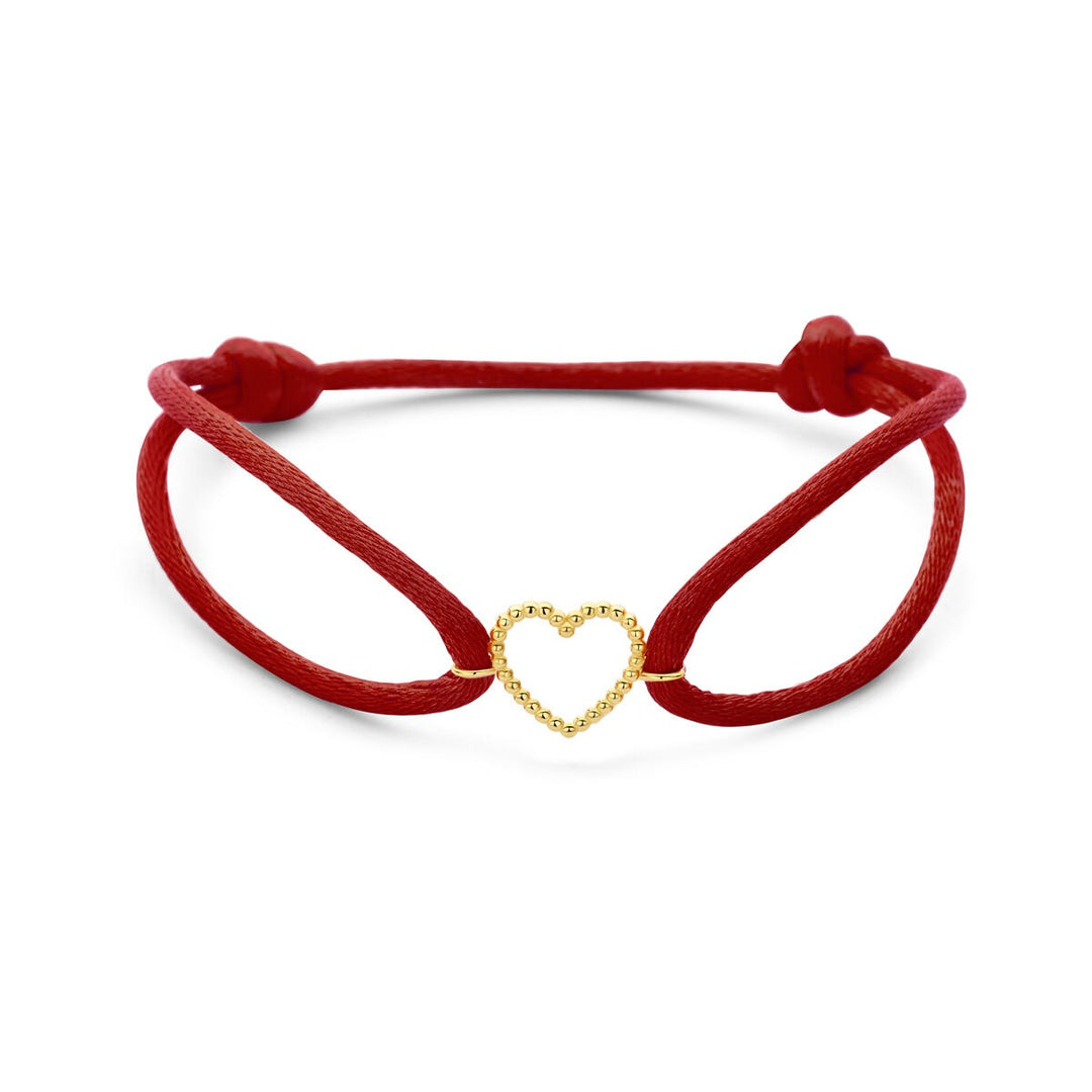 Rode satijnen dames armband met 14k geelgouden hartje – Liefdessymbool in goud en rood