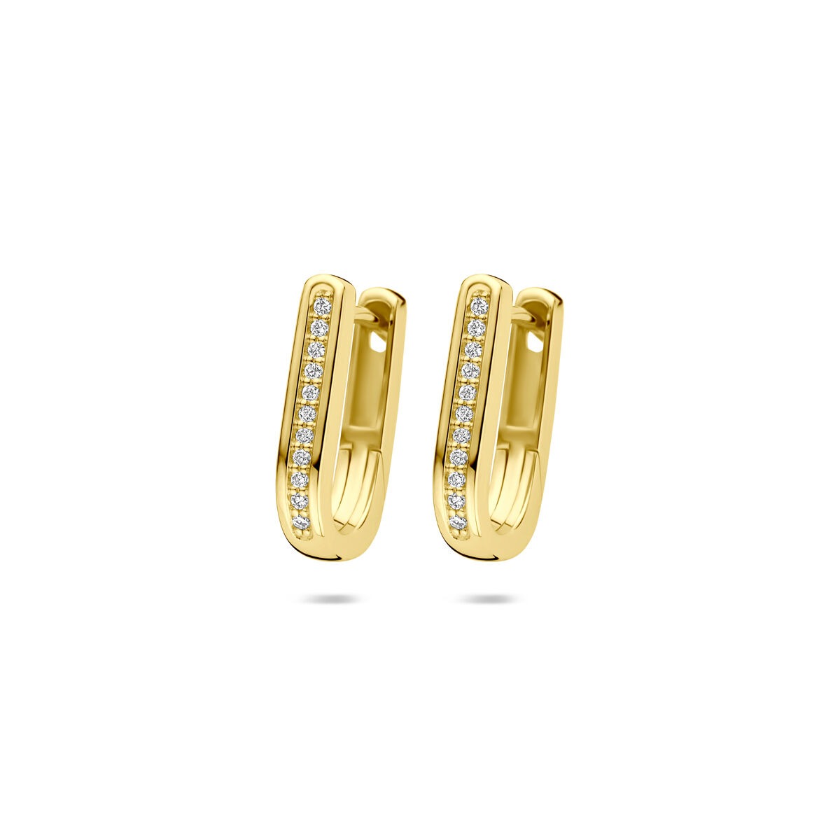 Złote kolczyki koła z diamentami o wadze 0,10 ct, w kształcie prostokątnym, o wymiarach 15 x 3 mm.