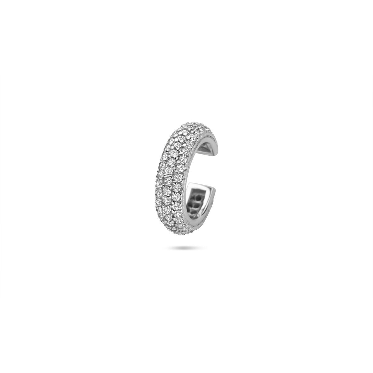 Srebrny ear cuff z cyrkoniami 925, gerhodowany, o gładkiej powierzchni i delikatnym wzorze.