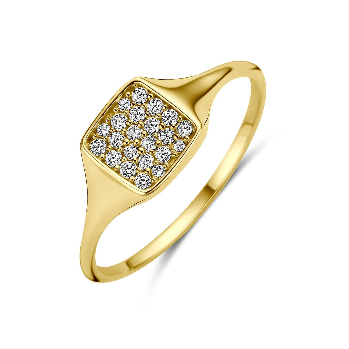 Geelgouden ring met vierkante schijf bezet met zirkonia-steentjes.