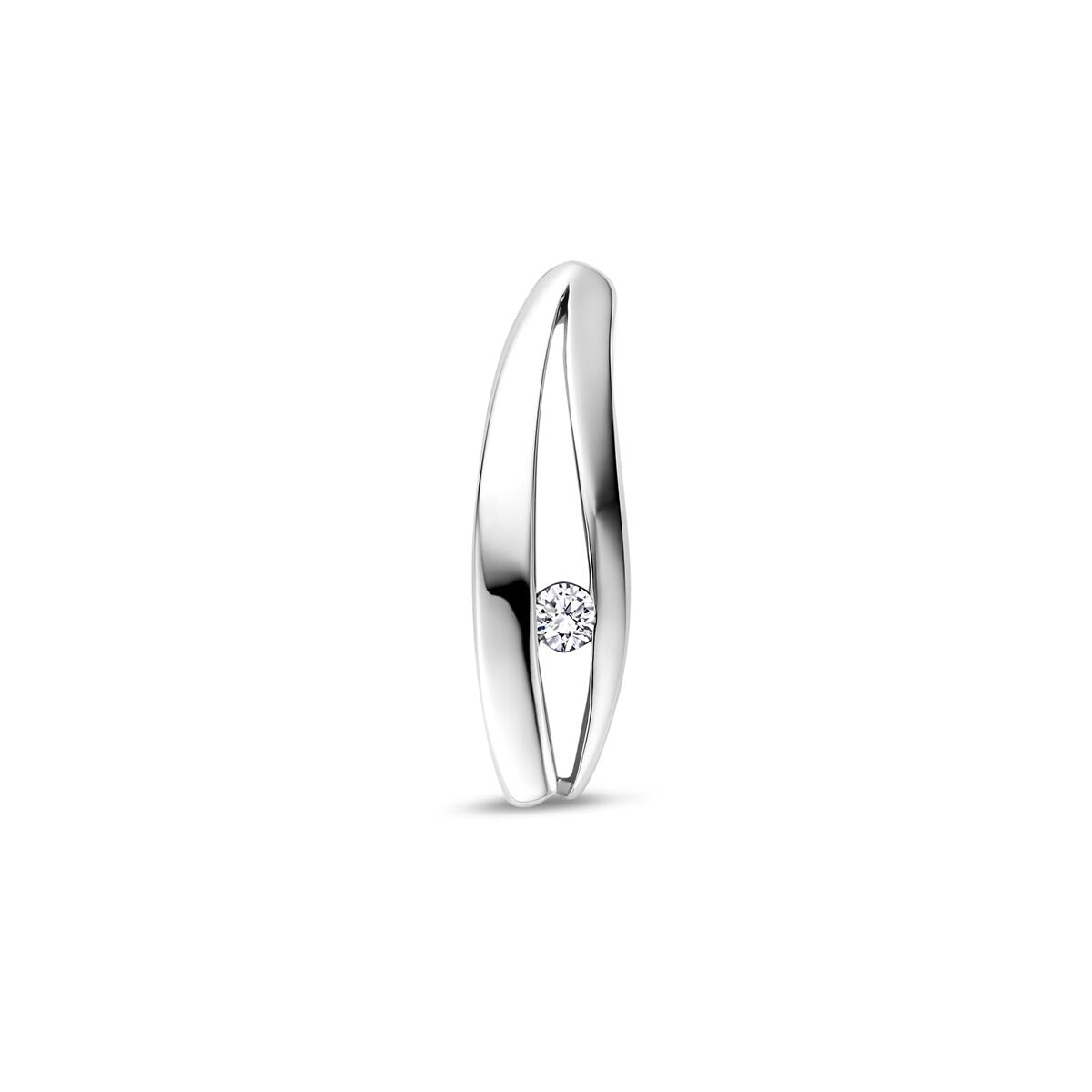 Zilveren gerhodineerde hanger voor dames met een lab grown diamant, 18 mm lang en een moderne, vloeiende vorm.