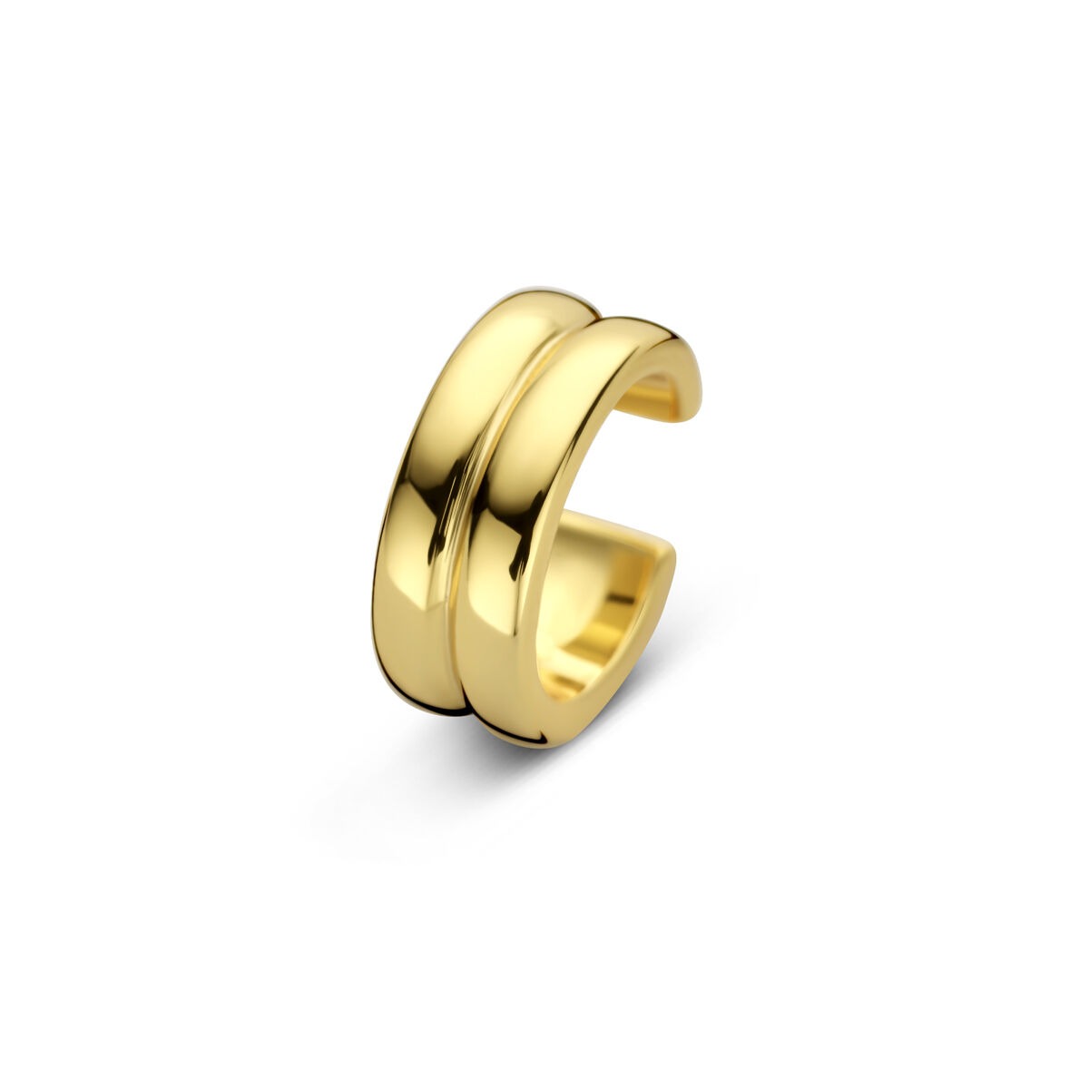 Złoty ear cuff o nowoczesnym, podwójnym kształcie, bez zapięcia, wykonany z pozłacanego srebra.