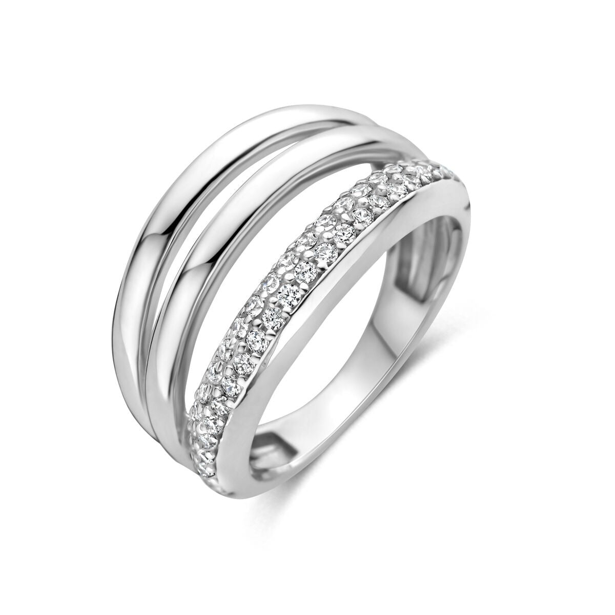 Gerhodineerde zilveren ring met drie strakke banden en een pavé van zirkonia steentjes.