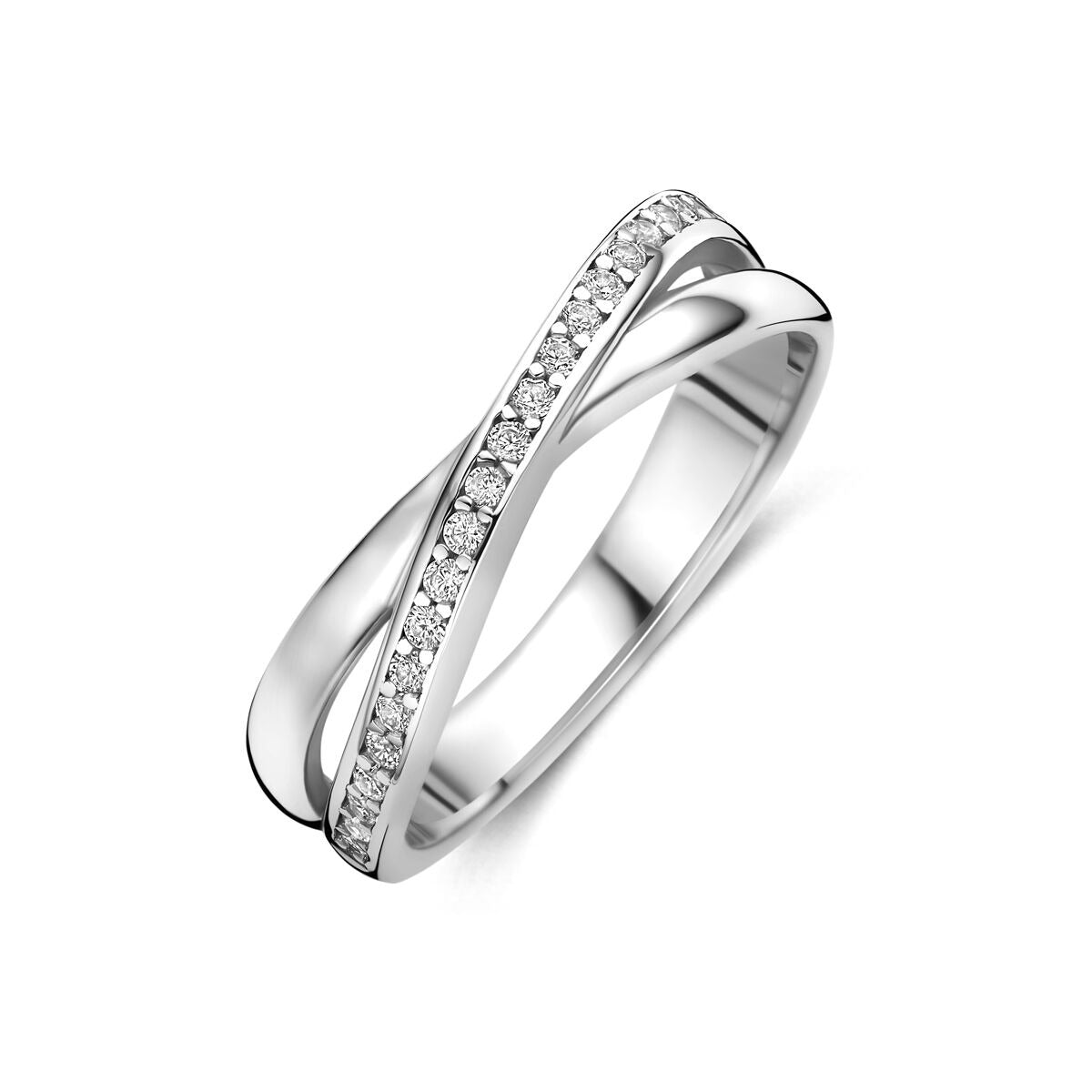 Gerhodineerde 925 zilveren ring met een golvende vorm en een rij zirkonia steentjes aan de bovenkant.