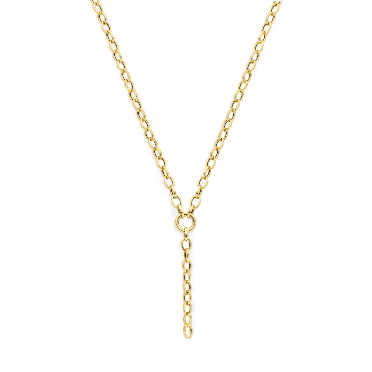 Y-collier van 14k geelgoud met een kettingstructuur en een hangende staaf.