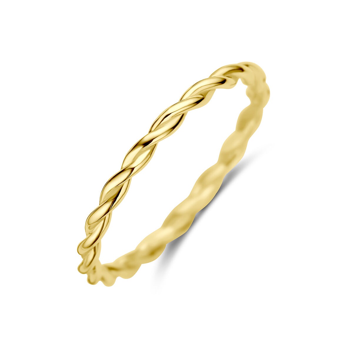 Geelgouden ring met een gedraaide en golvende afwerking.