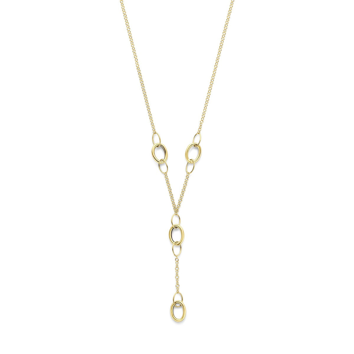 Geelgouden y-collier met een ketting en ovale schakels in een speelse opstelling.