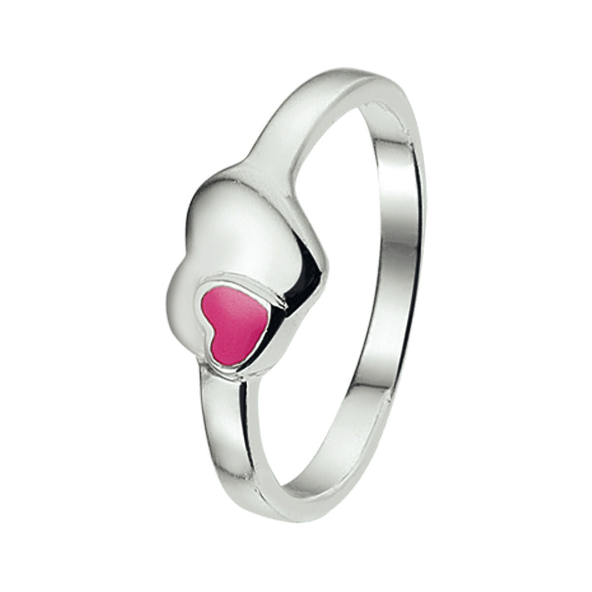 Srebrny pierścionek dla dzieci z różowym sercem z emalii.