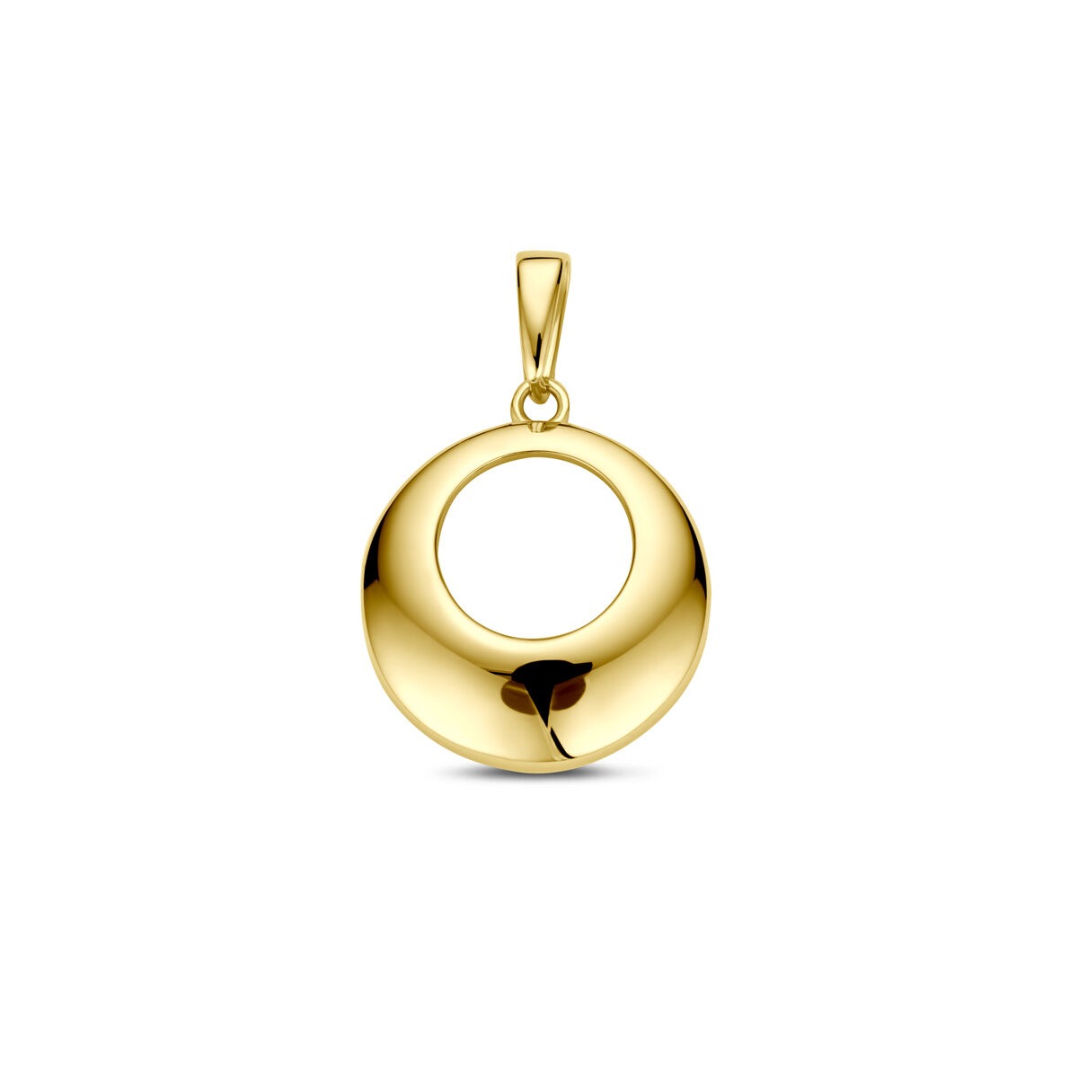Geelgouden hanger in een ronde, gladde vorm met een open middenstuk.