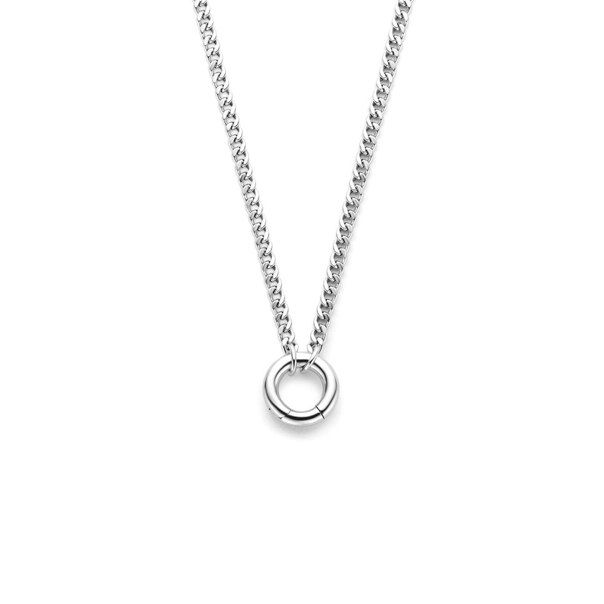 Gerhodineerde zilveren gourmette ketting met een ronde connector in het midden.