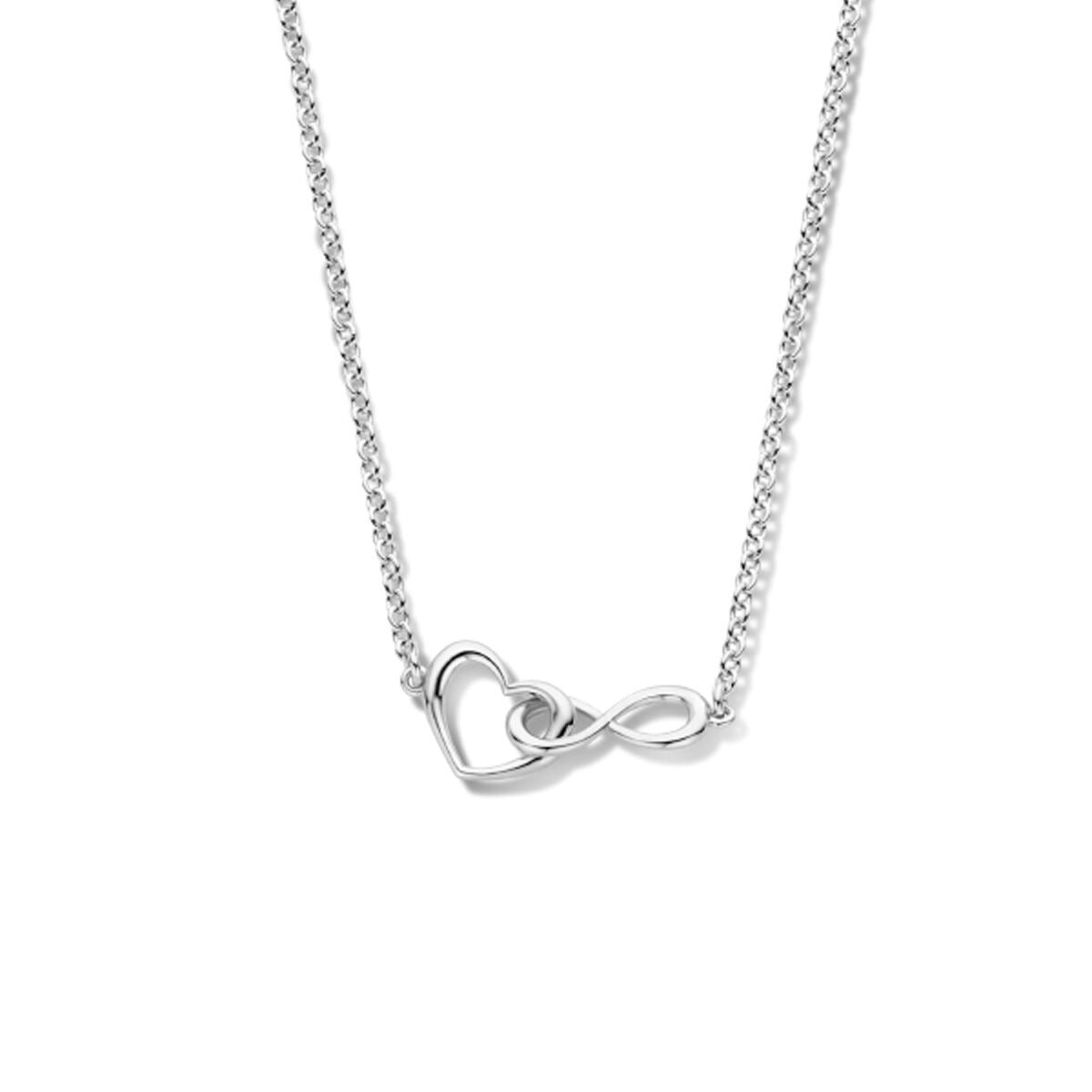 Gerhodineerd 925 zilveren collier met een hartje en een infinity-teken in het midden.