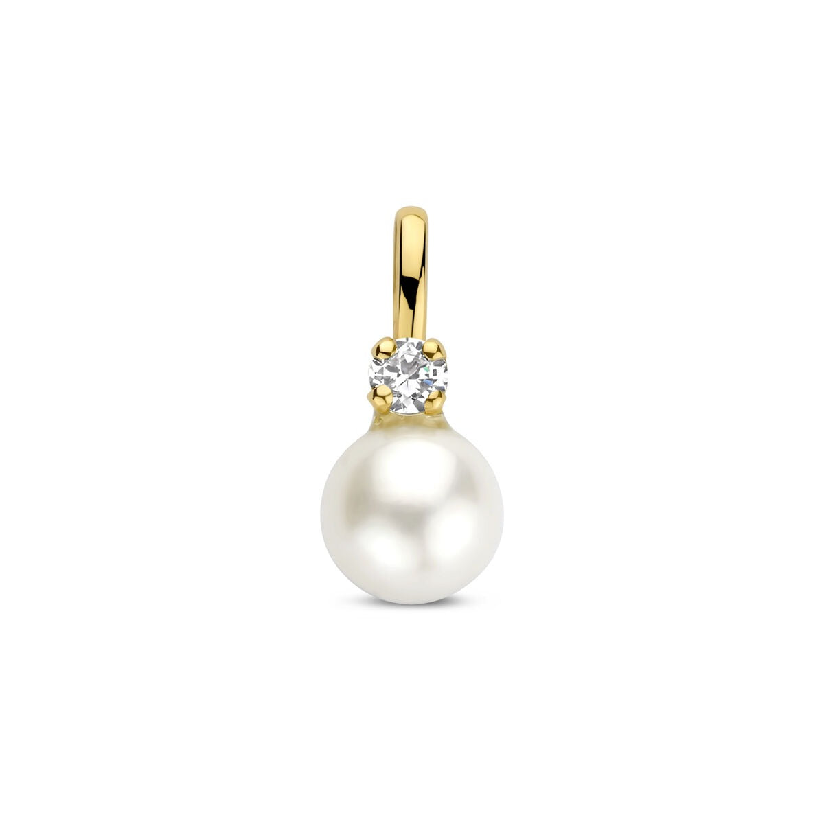 Geelkleurige hanger van 9k goud met een zoetwaterparel en een zirkonia bovenaan, diameter 13 mm.