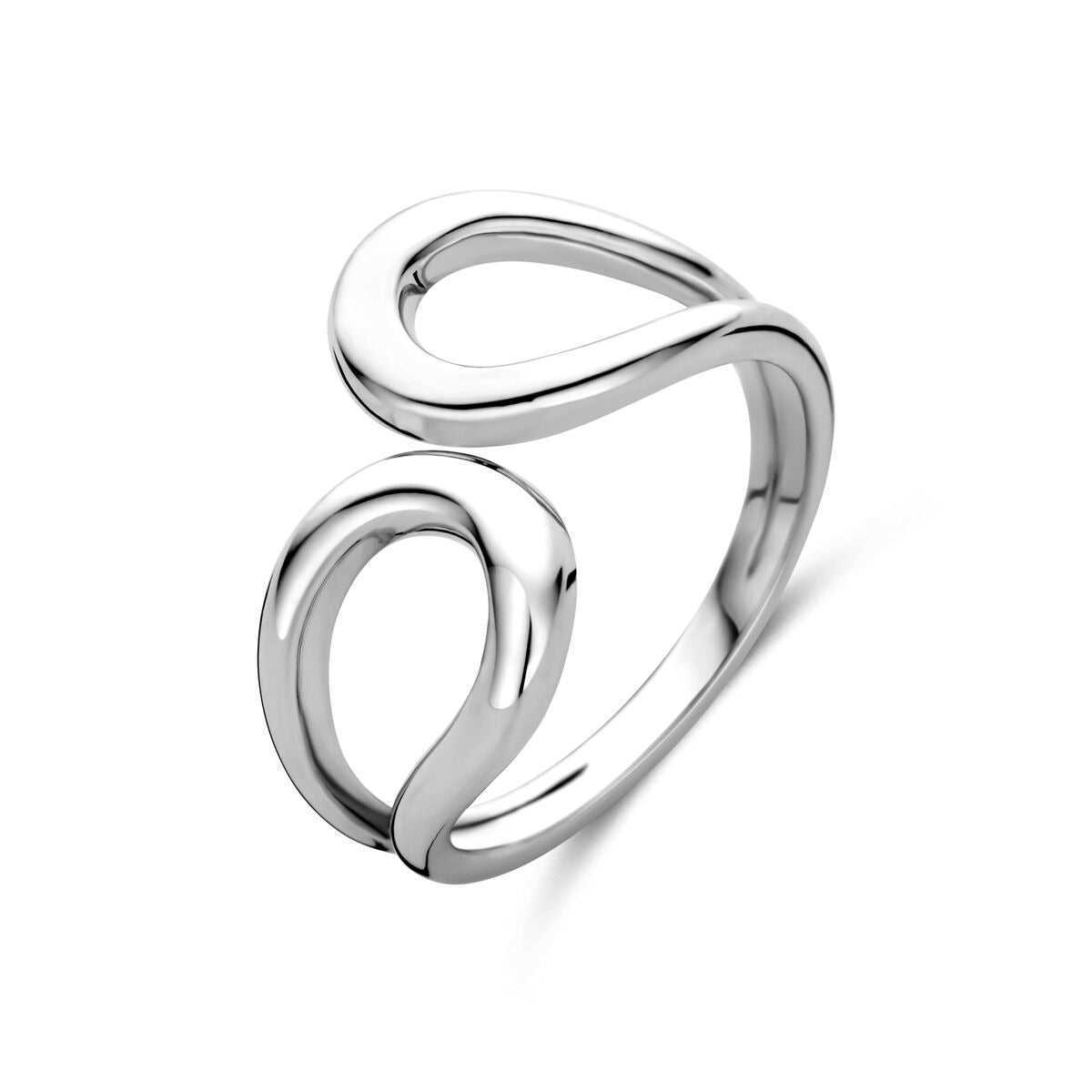 Gerhodineerde zilveren ring met een vloeiende, moderne vorm en een breedte van 12 mm.