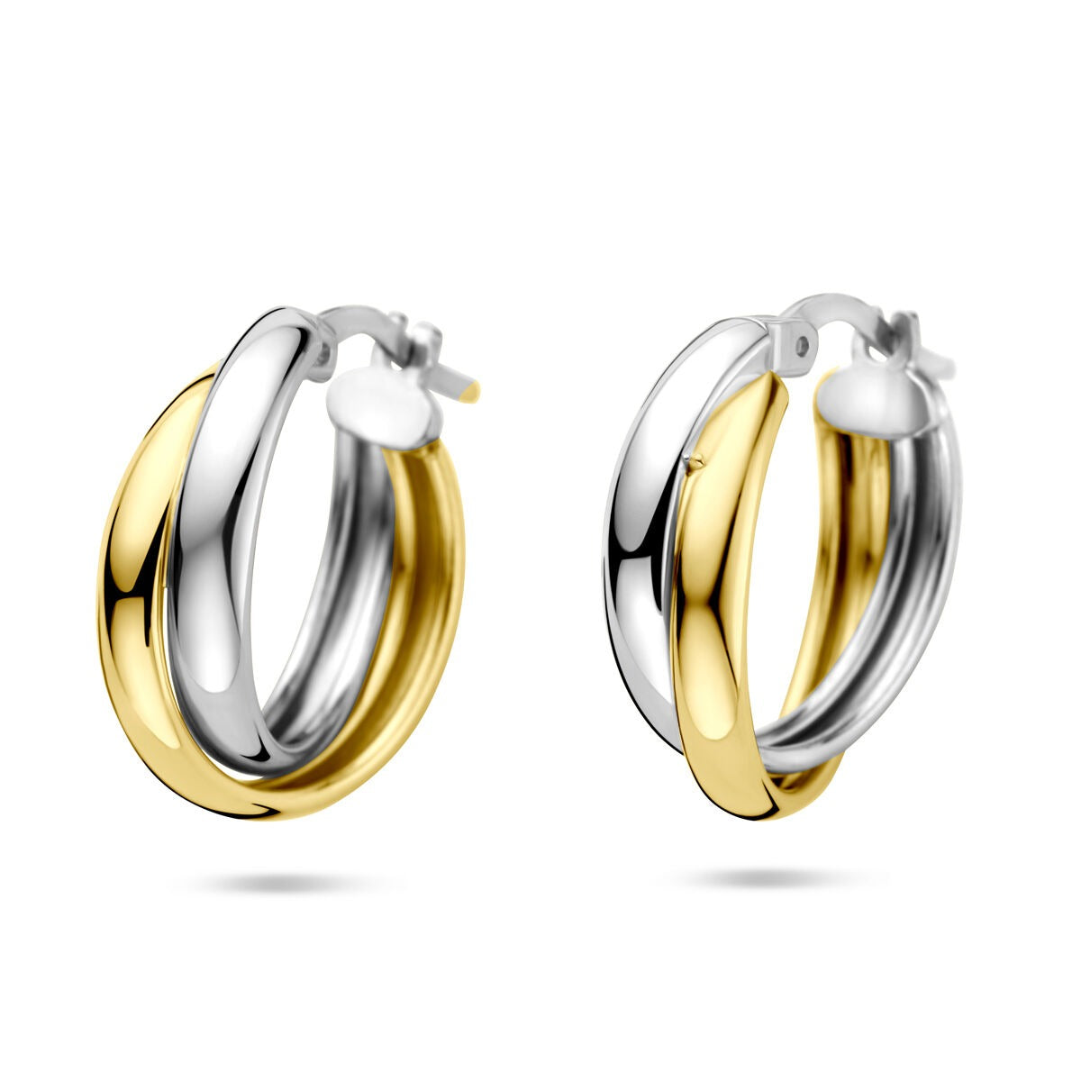 Bicolor zilveren oorringen van 925 zilver, met een vergulde en gerhodineerde afwerking, diameter 19.5 mm en breedte 6.5 mm.