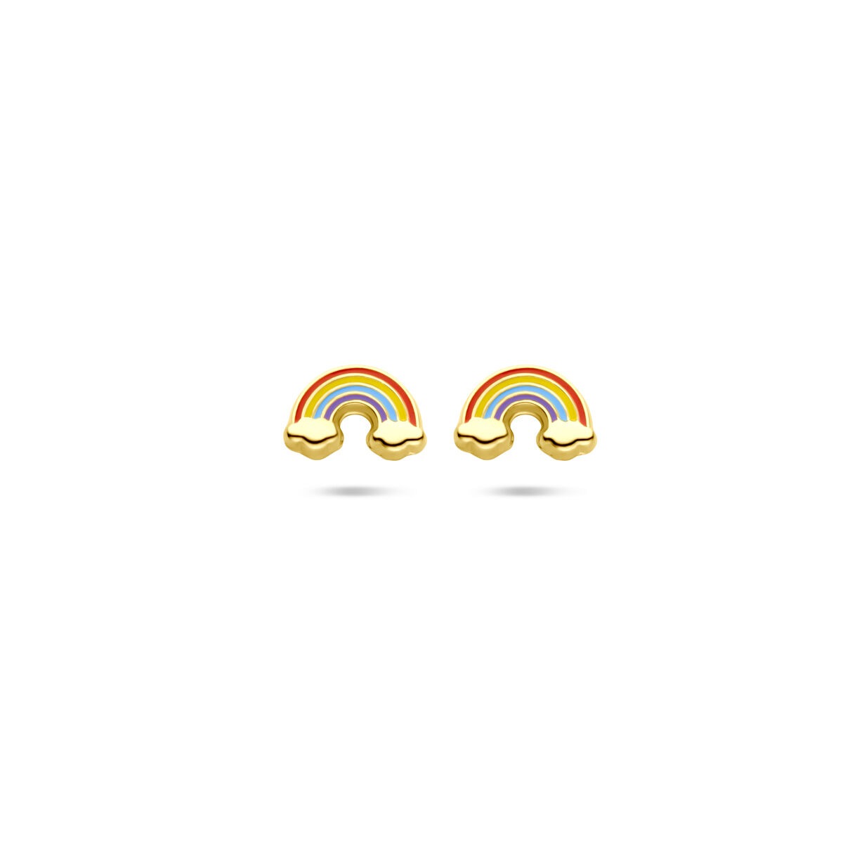 Geelgouden oorknoppen in de vorm van een regenboog met kleurrijke booglijnen.