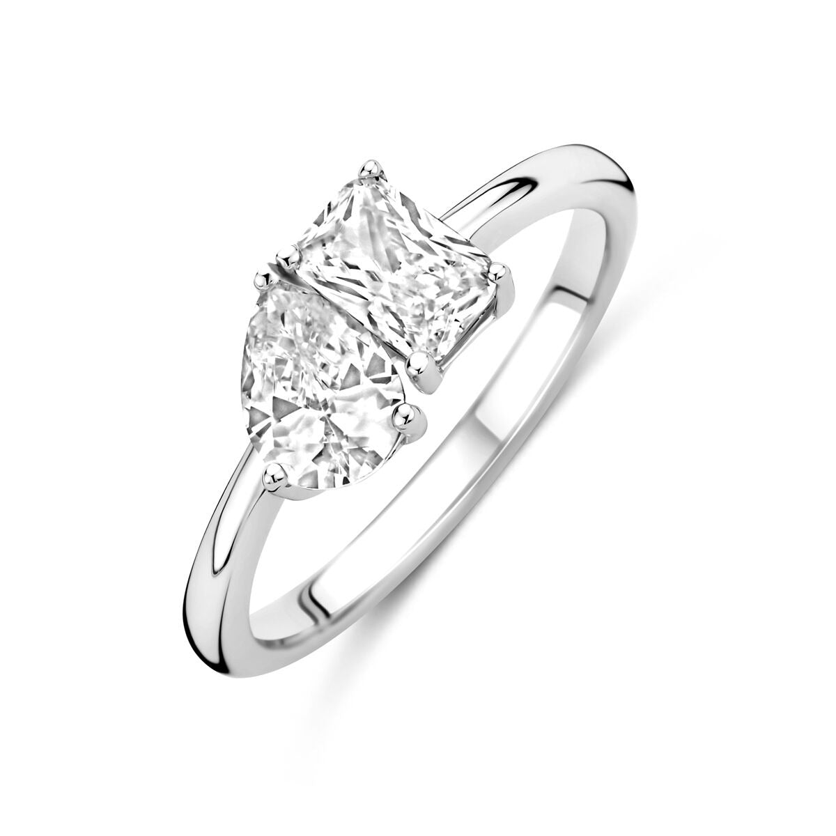 Gerhodineerde zilveren toi-et-moi ring met een grote en een kleine baguette zirkonia.
