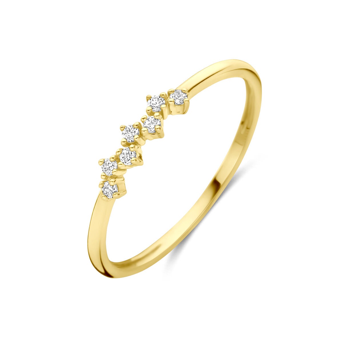 14k geelgouden ring met vijf zirkonia's in een speelse, golvende opstelling.