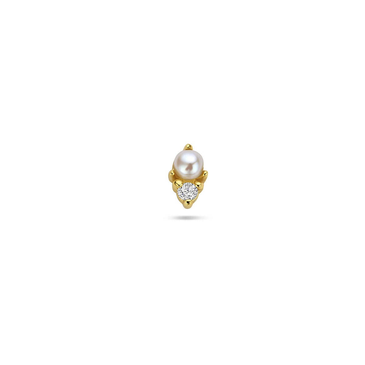 Verguld 925 zilveren flat back piercing met een parel en een zirkonia in een driehoekige setting.