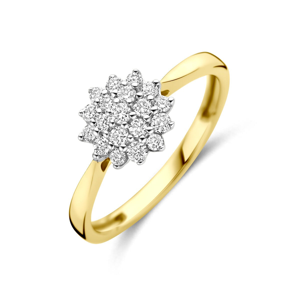 Bicolor geel- en witgouden ring met een bloemvormige zetting van 0.33ct lab grown diamanten.