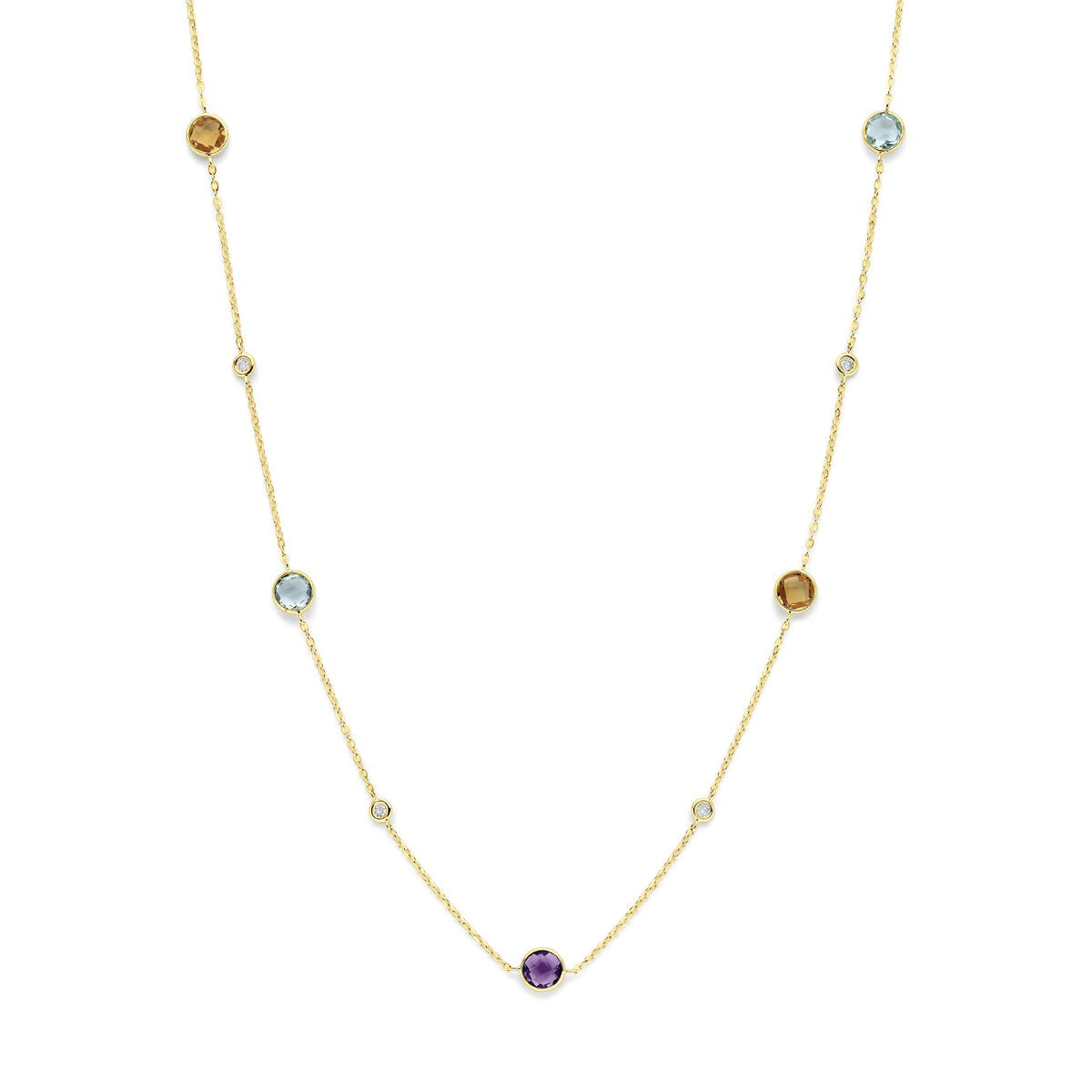 Geelgouden collier met citrien, amethist, topaas en diamant, versierd met meerdere edelstenen in een speelse opstelling.