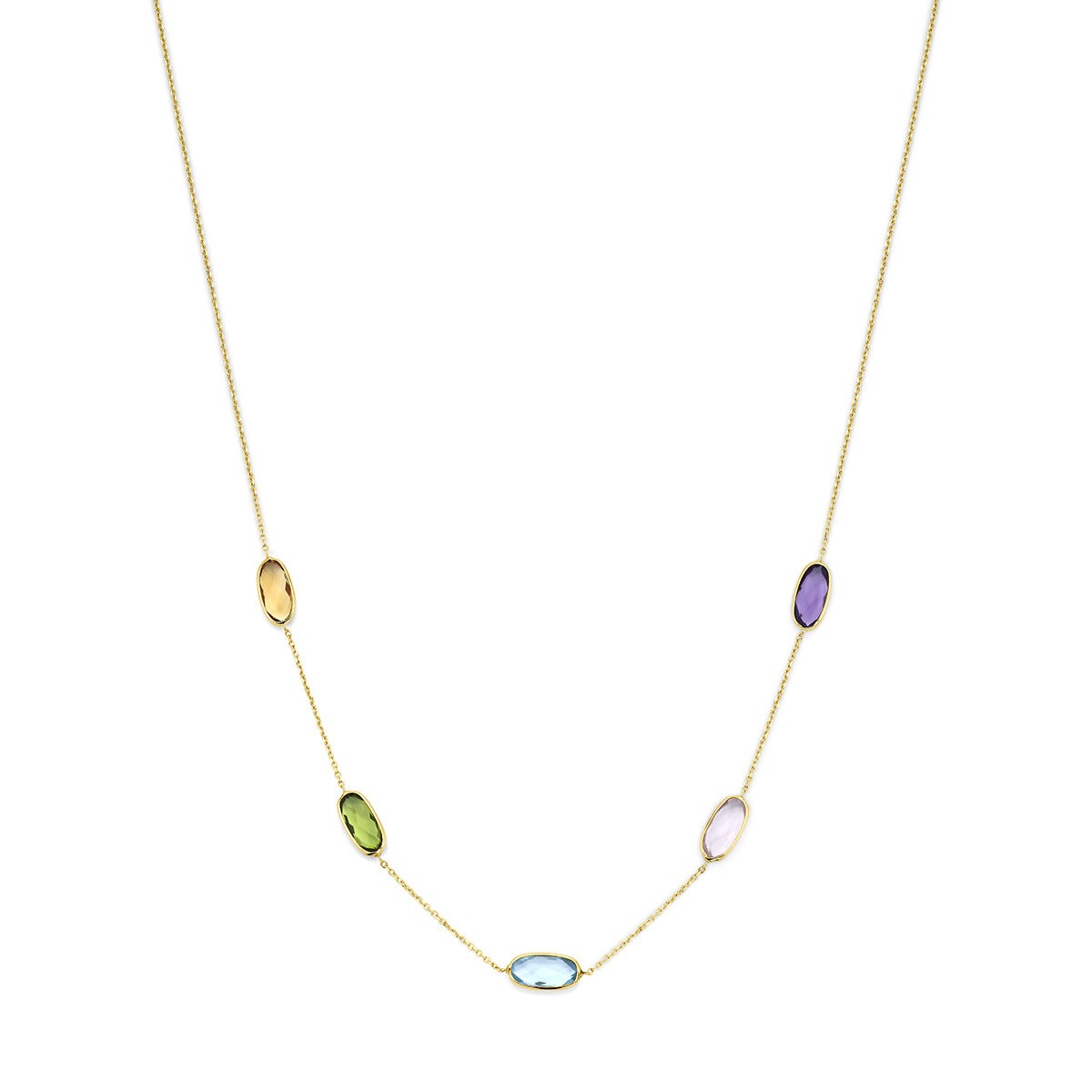 Geelgouden collier met vijf ovale edelstenen in verschillende kleuren.