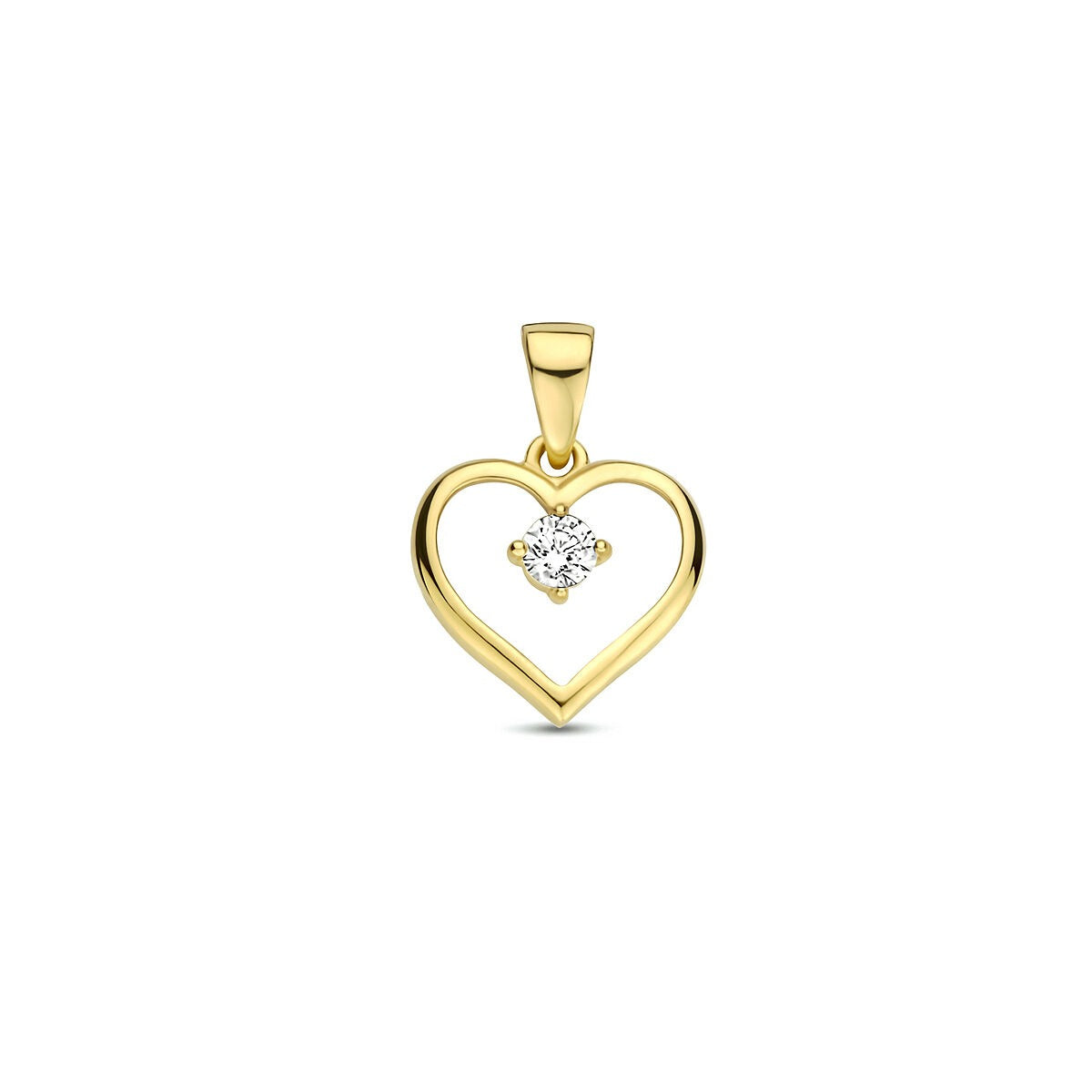 Geelgouden hanger in de vorm van een hart met een zirkonia in het midden.