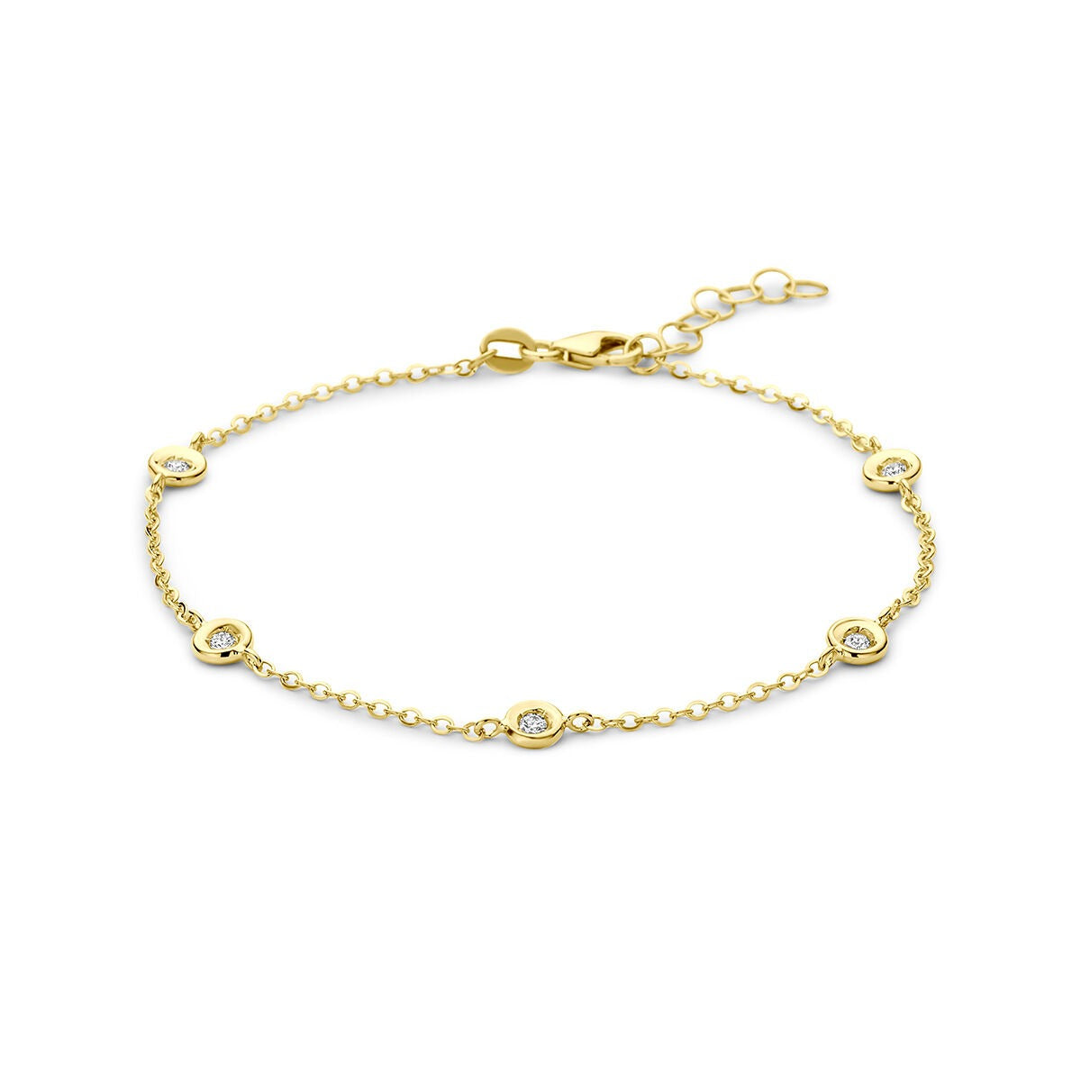 Złota bransoletka 14k z diamentami 0,15 ct, delikatny łańcuszek z okrągłymi wisiorkami.