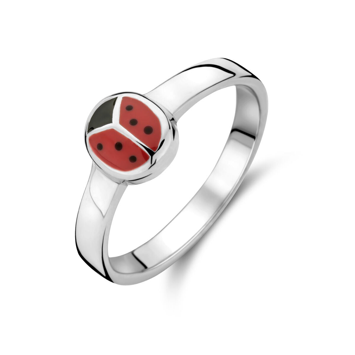 Zilveren kinder-ring met gerhodineerde afwerking en een ronde, rode lieveheersbeestje-detail.