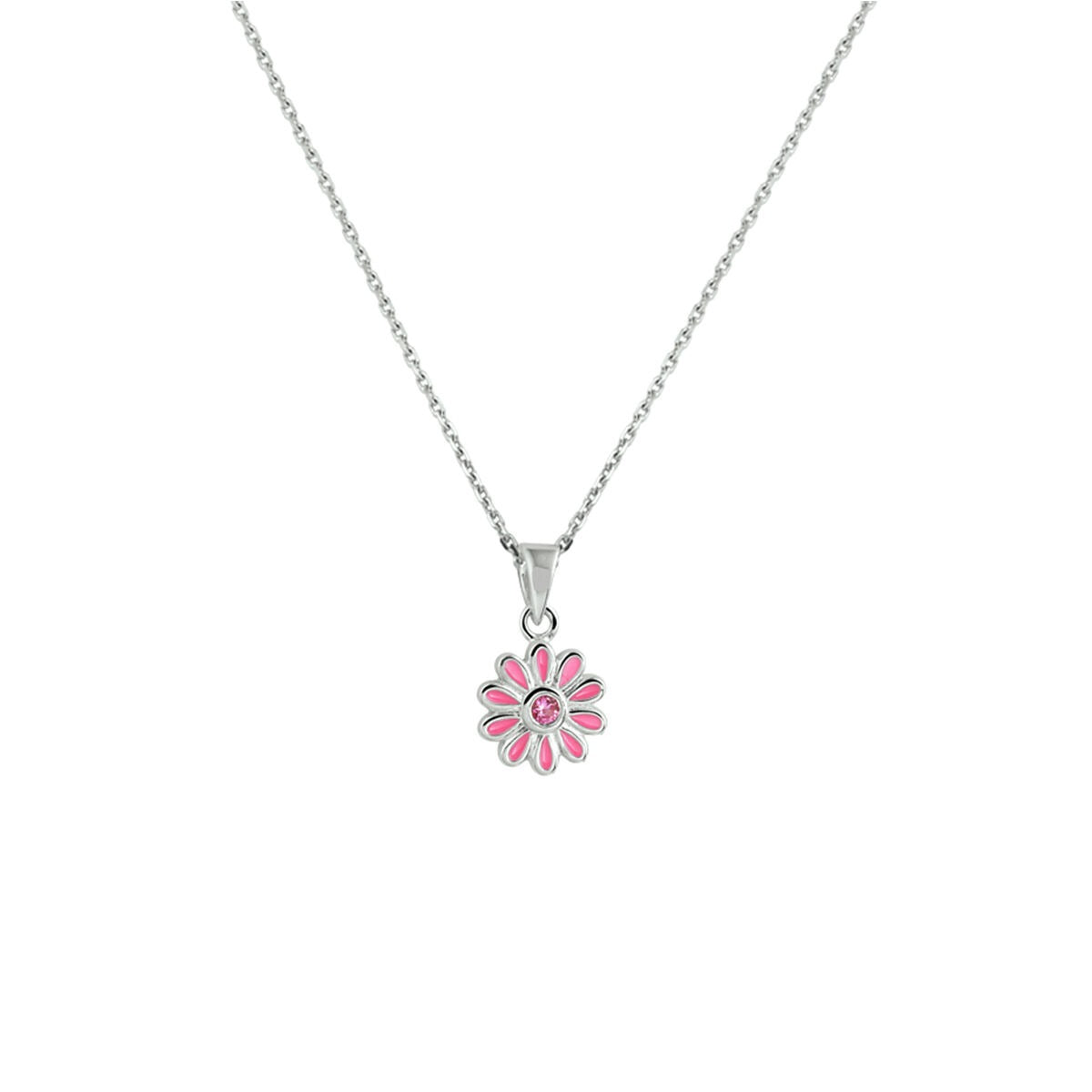 Zilveren kinder collier met een bloemhanger, roze zirkonia en gerhodineerde 925 zilverketting.