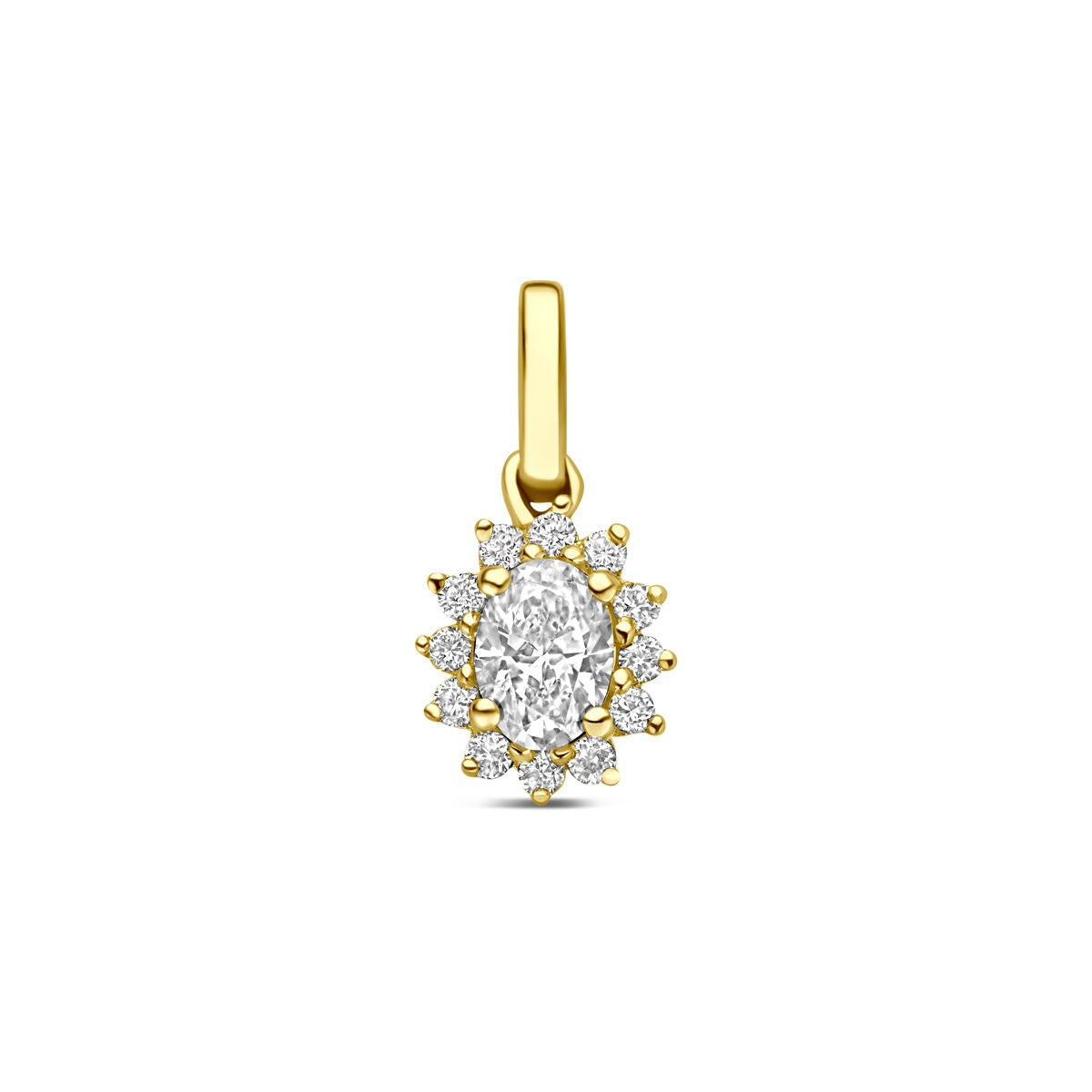 Złoty wisiorek z diamentem lab-grown o masie 0,21 ct, ozdobiony drobnymi diamentami.