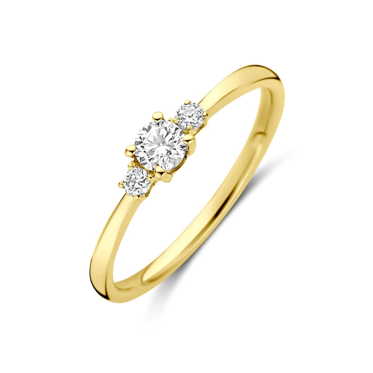 Pierścionek z 14k żółtego złota z lab-grown diamentem o wadze 0,25 ct i dwoma mniejszymi diamentami.
