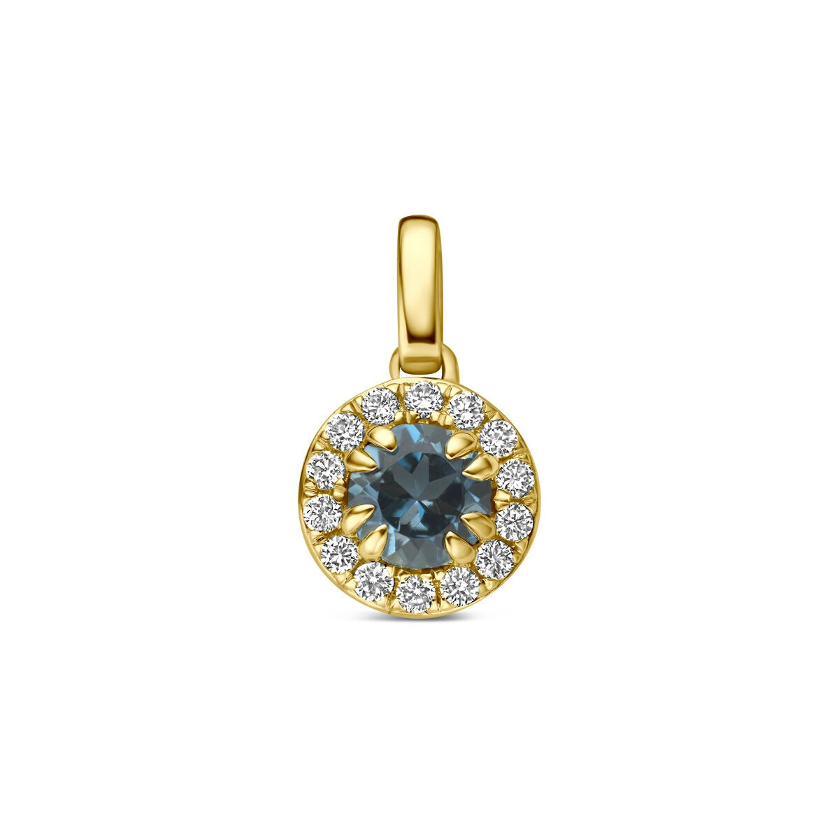 Złoty wisiorek z London blue topazem i diamentami lab grown, okrągły kształt z ozdobnym wykończeniem.