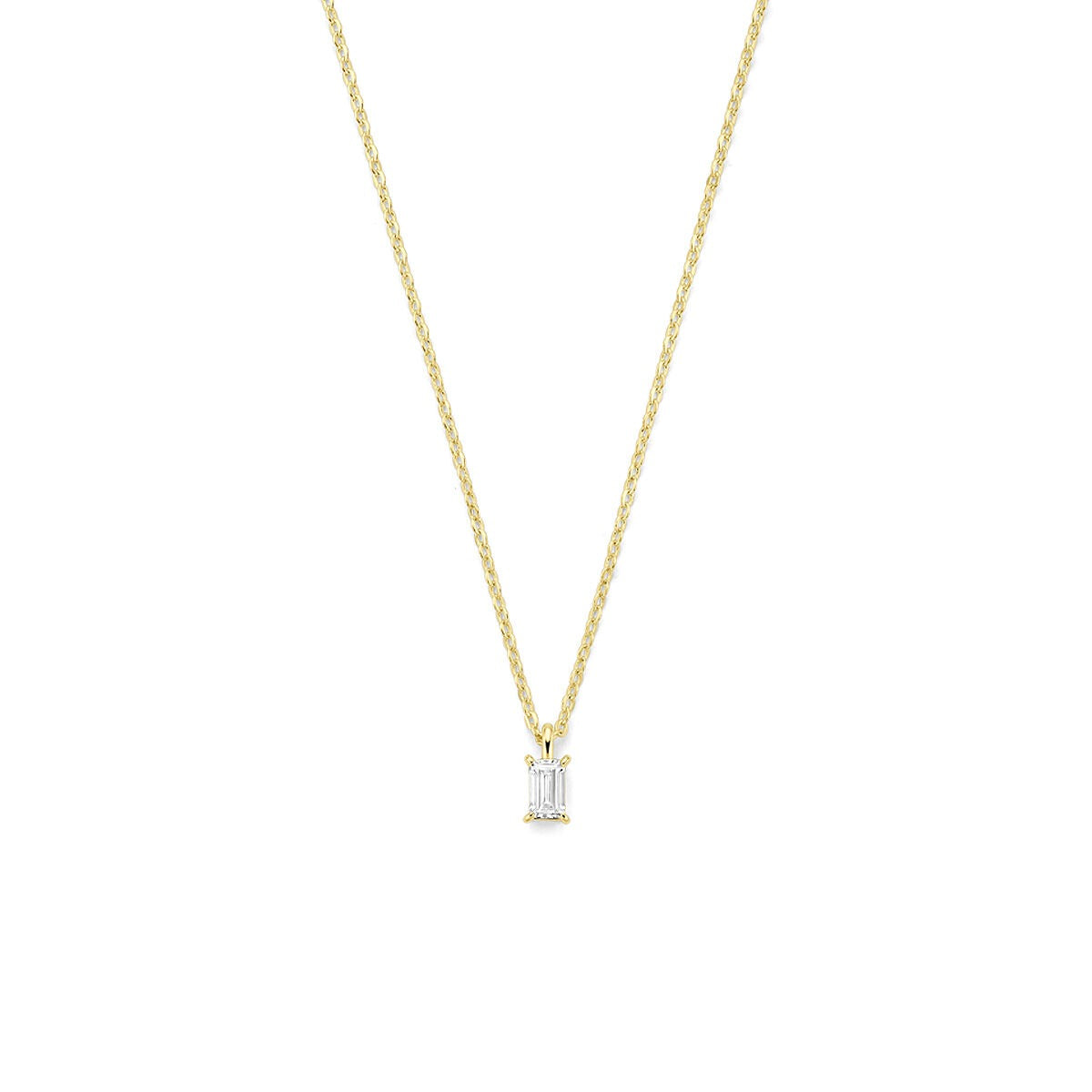 Verguld 925 zilveren collier met een kleine, heldere zirkonia hanger in een rechthoekige vorm.